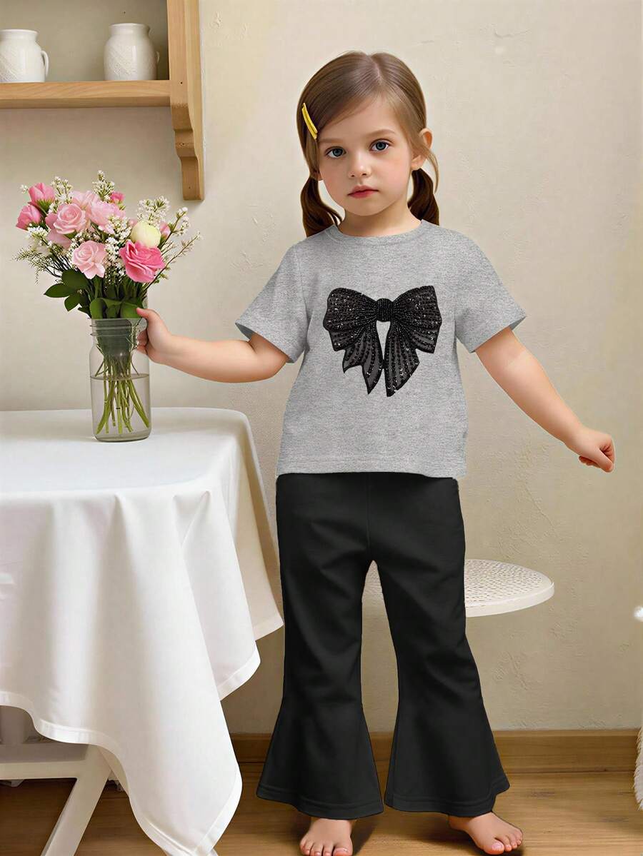 Elladie kids 2pcs/Set Young Girl Casual Butterfly Print Short Sleeve T-Shirt And Flare Pants,Cute Cartoon Graphic Fashionable Summer Clothes For School Outfit