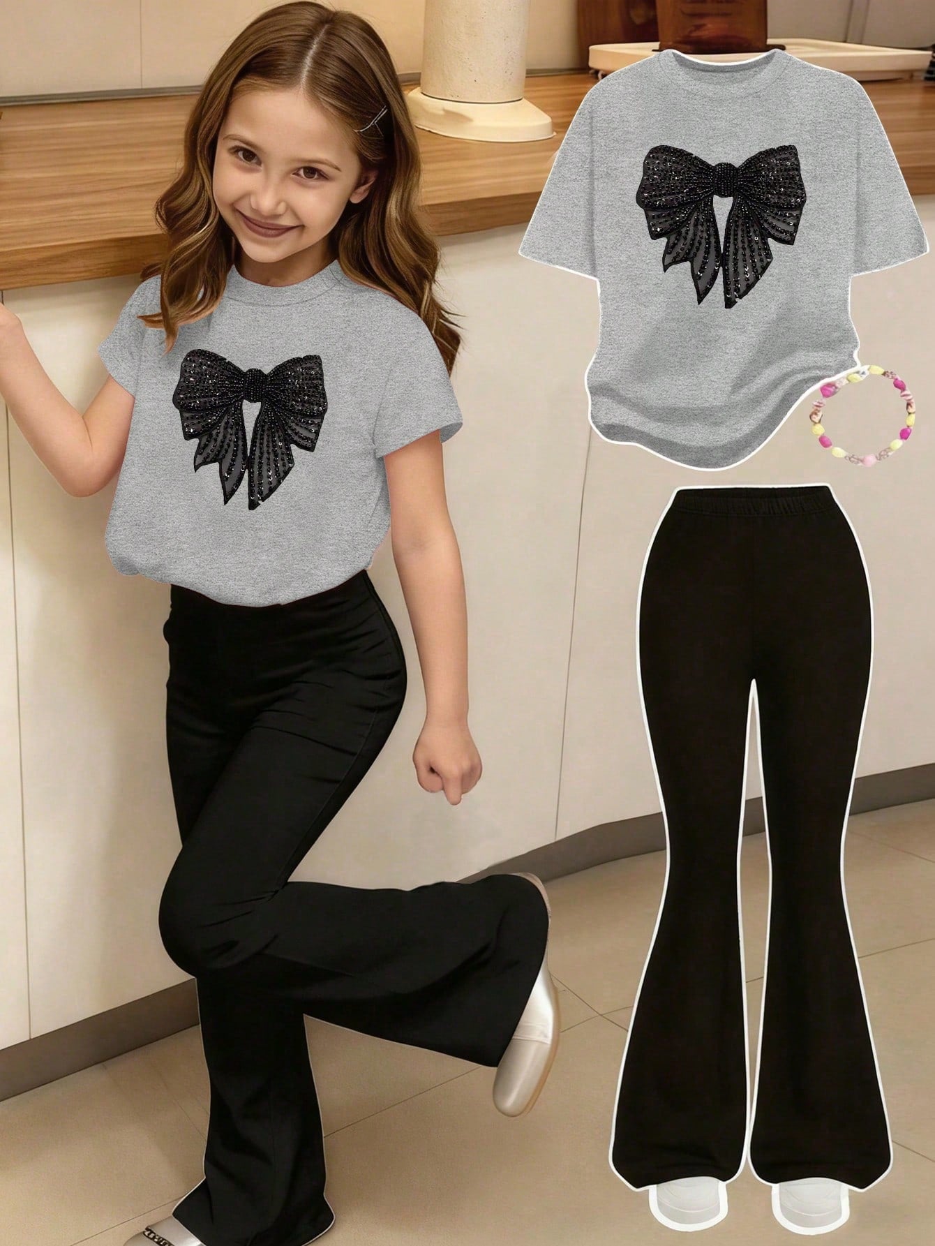 Elladie kids 2pcs/Set Young Girl Casual Butterfly Print Short Sleeve T-Shirt And Flare Pants,Cute Cartoon Graphic Fashionable Summer Clothes For School Outfit