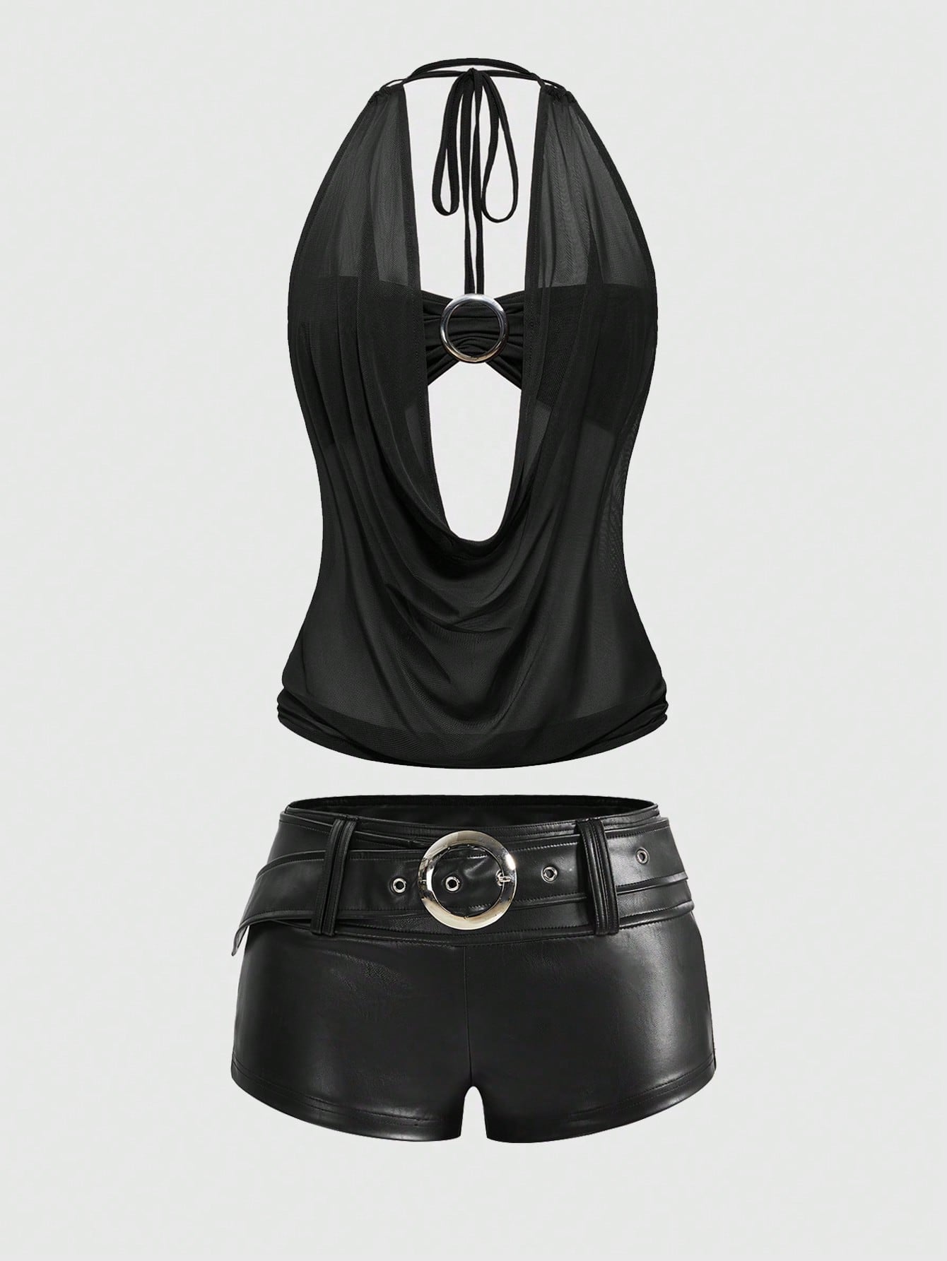 Women's Gyaru-style two-piece outfit with a draped halter crop top, backless tie detail, and mini bodycon shorts