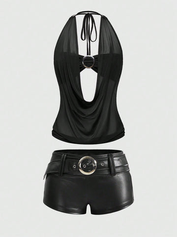 Women's Gyaru-style two-piece outfit with a draped halter crop top, backless tie detail, and mini bodycon shorts