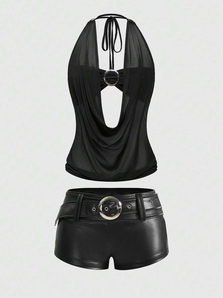 Women's Gyaru-style two-piece outfit with a draped halter crop top, backless tie detail, and mini bodycon shorts