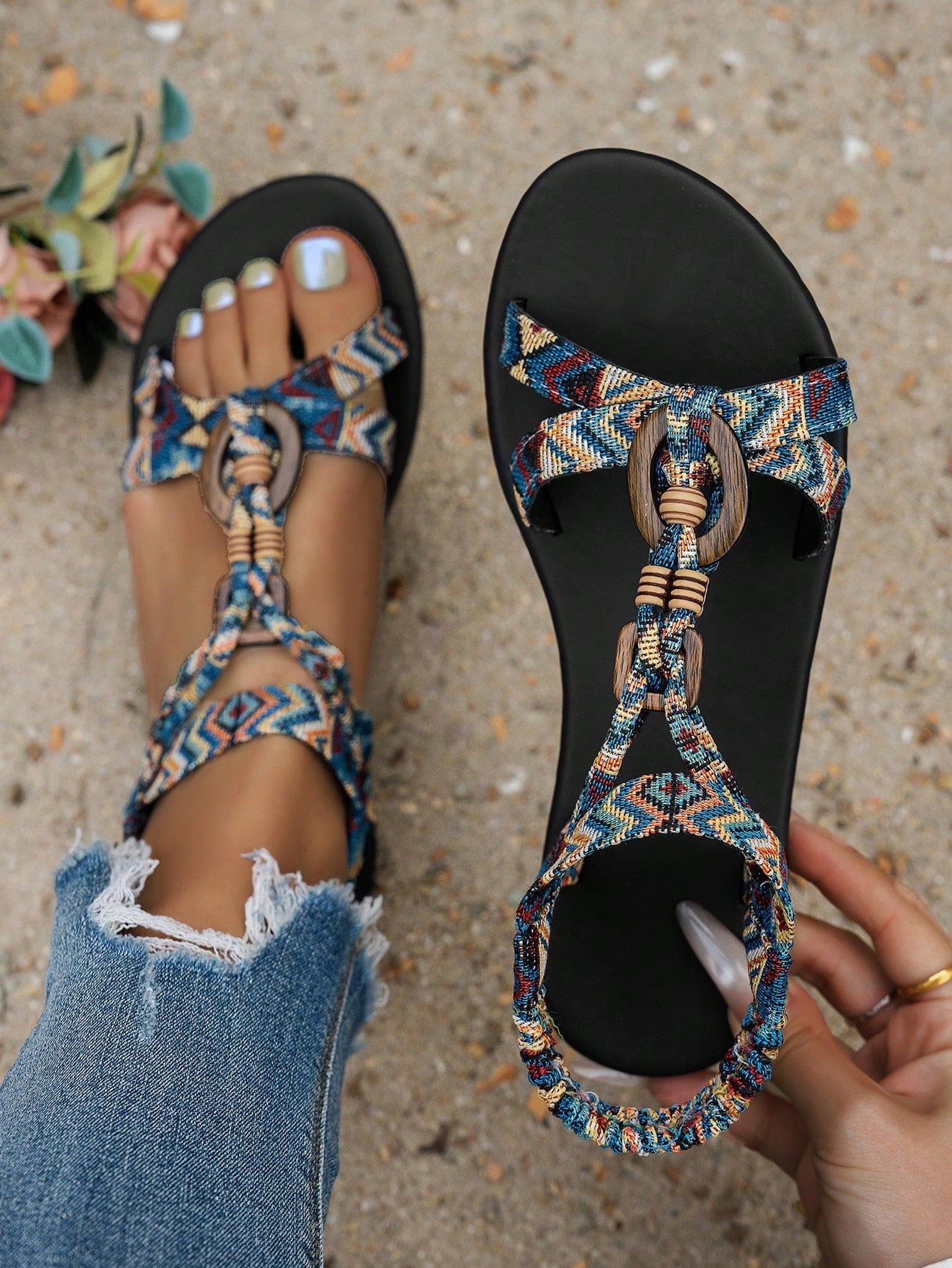 Women's bohemian flat slingback sandals with beaded detailing and open-toe design, featuring a fabric upper, PU leather lining and insole, and TPR outsole.