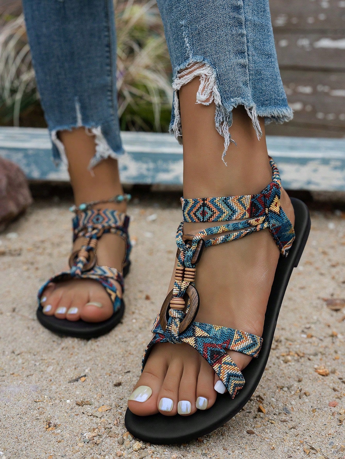 Women's bohemian flat slingback sandals with beaded detailing and open-toe design, featuring a fabric upper, PU leather lining and insole, and TPR outsole.