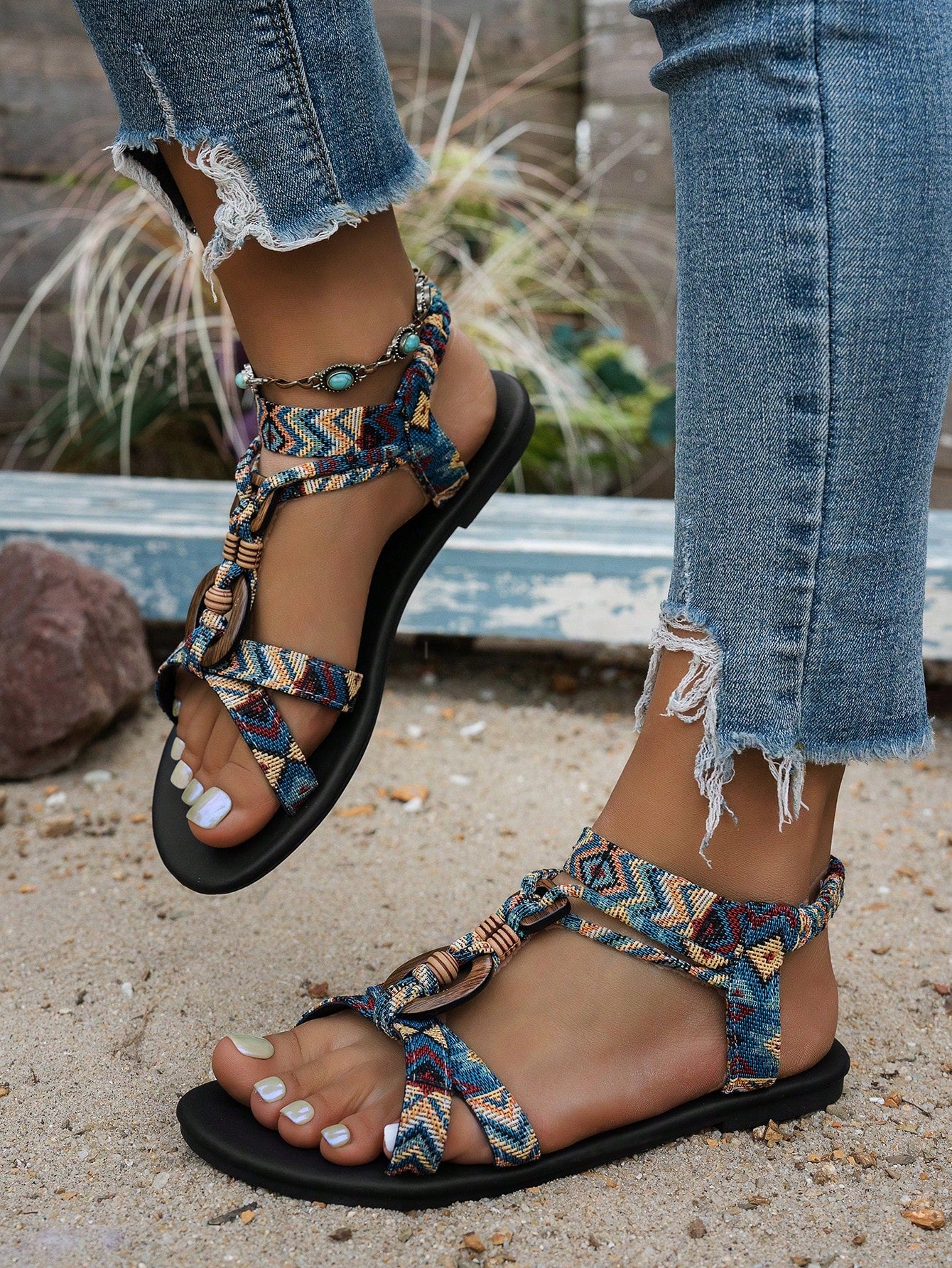 Women's bohemian flat slingback sandals with beaded detailing and open-toe design, featuring a fabric upper, PU leather lining and insole, and TPR outsole.