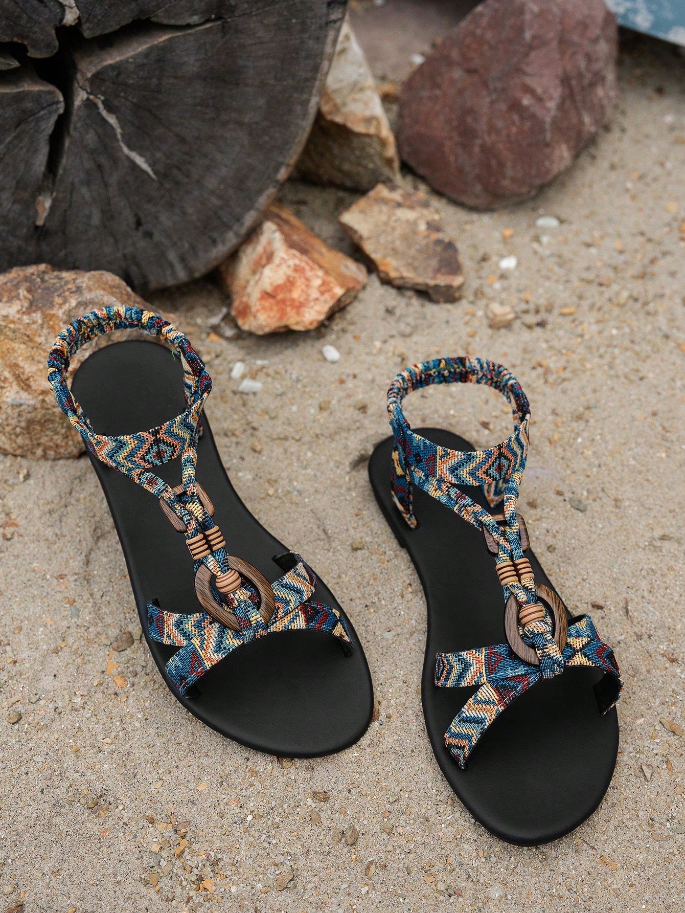 Women's bohemian flat slingback sandals with beaded detailing and open-toe design, featuring a fabric upper, PU leather lining and insole, and TPR outsole.