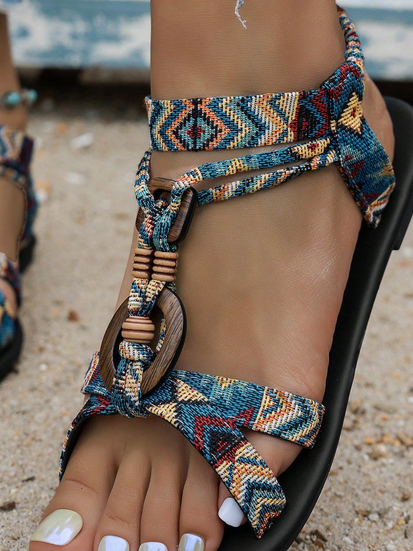 Women's bohemian flat slingback sandals with beaded detailing and open-toe design, featuring a fabric upper, PU leather lining and insole, and TPR outsole.