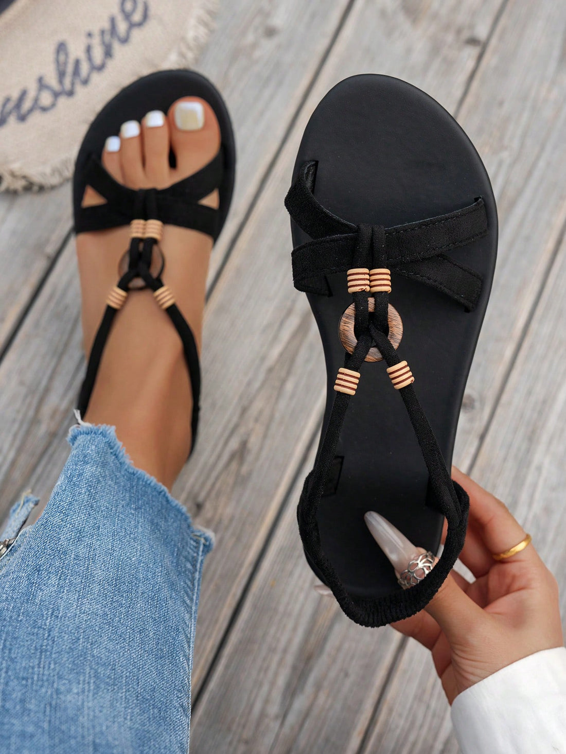 Women's bohemian flat slingback sandals with beaded detailing and open-toe design, featuring a fabric upper, PU leather lining and insole, and TPR outsole.
