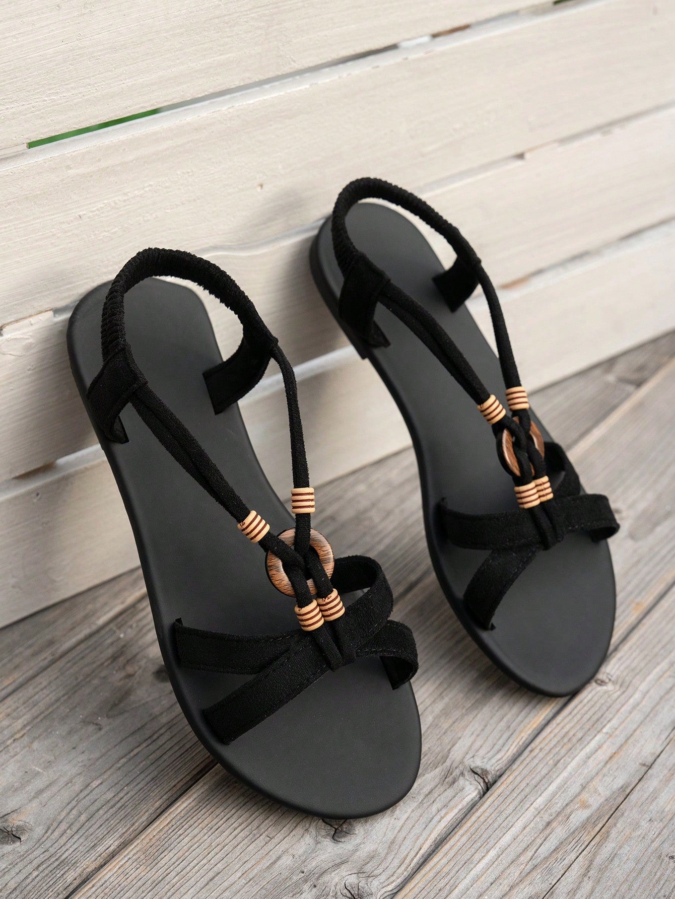 Women's bohemian flat slingback sandals with beaded detailing and open-toe design, featuring a fabric upper, PU leather lining and insole, and TPR outsole.