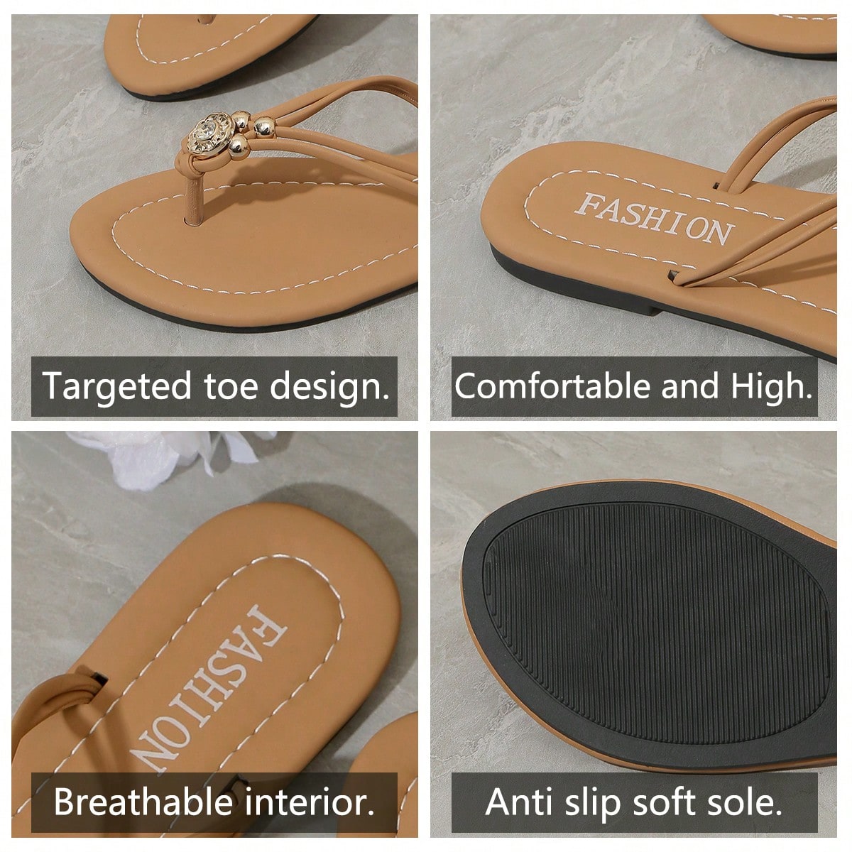 Brown women's flat thong sandals with toe post, rhinestone embellishments, beaded rope detail, and metal buckle accent in a slip-on style.