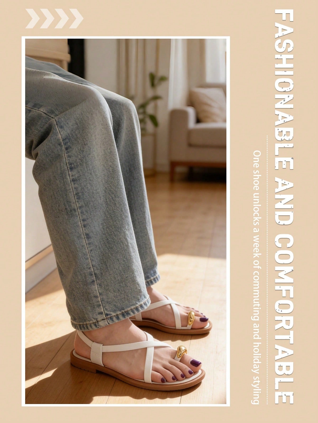 Women's flat toe-post sandals with cross-over straps and buckle detail, elegant outdoor style