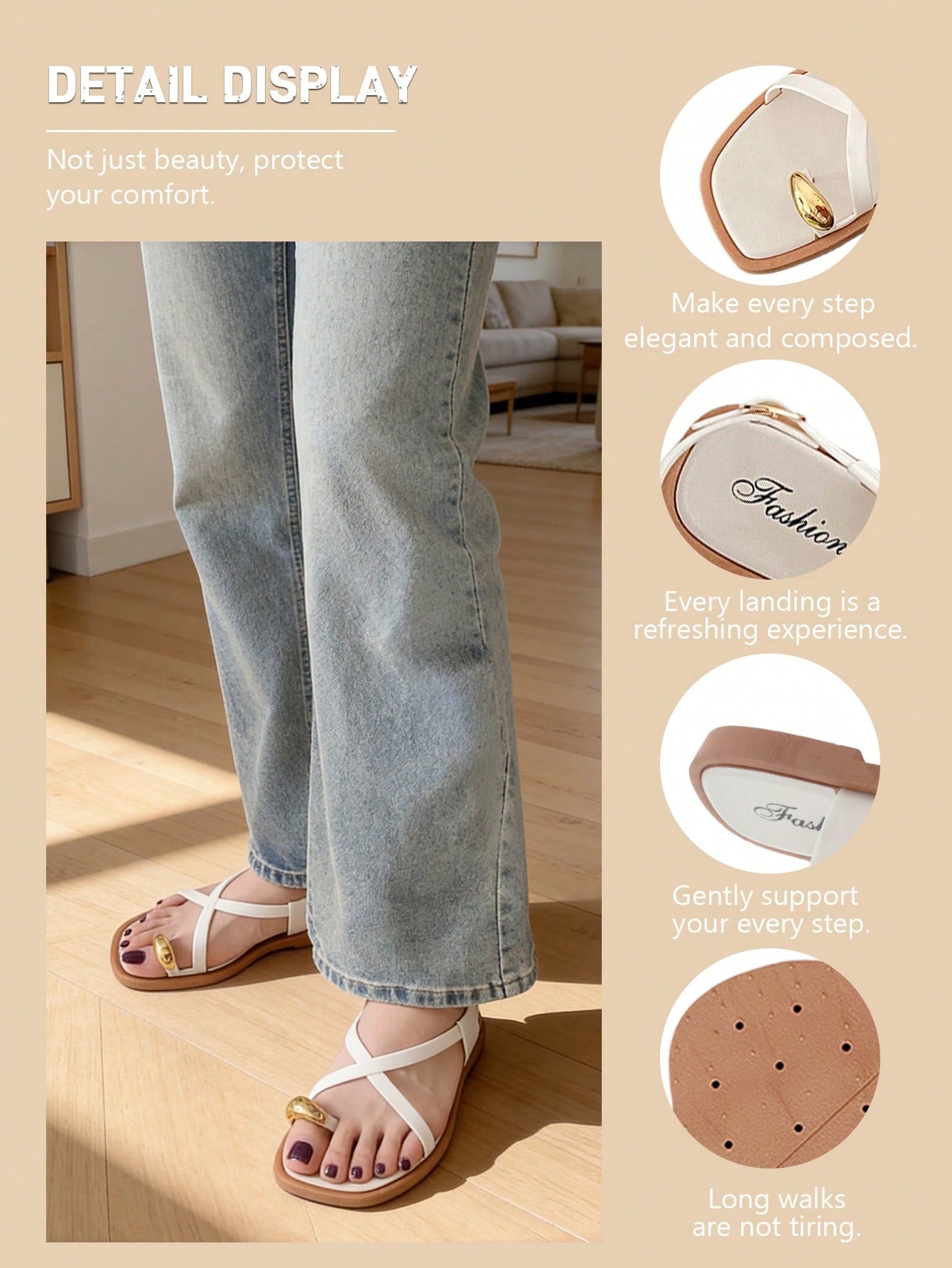 Women's flat toe-post sandals with cross-over straps and buckle detail, elegant outdoor style