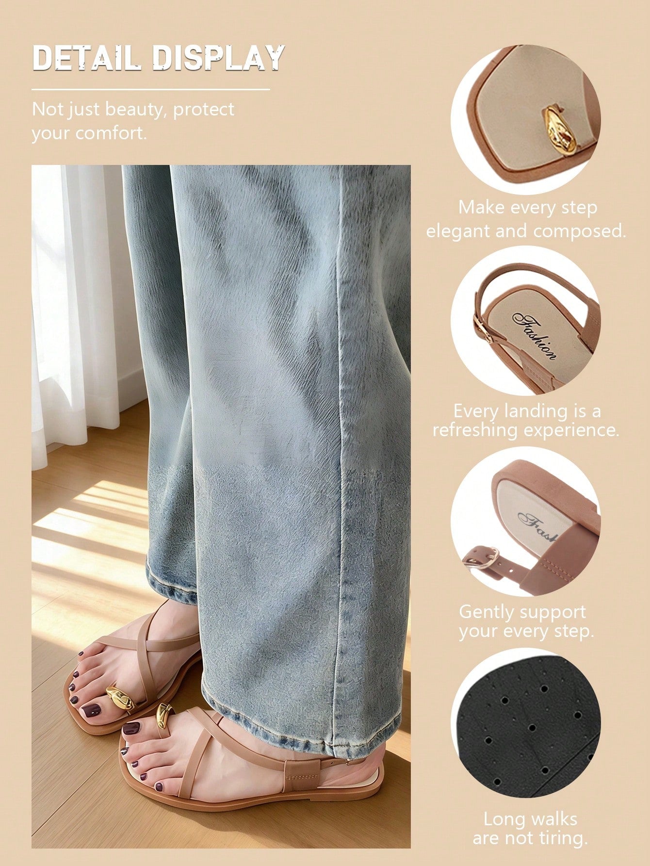 Women's flat toe-post sandals with cross-over straps and buckle detail, elegant outdoor style