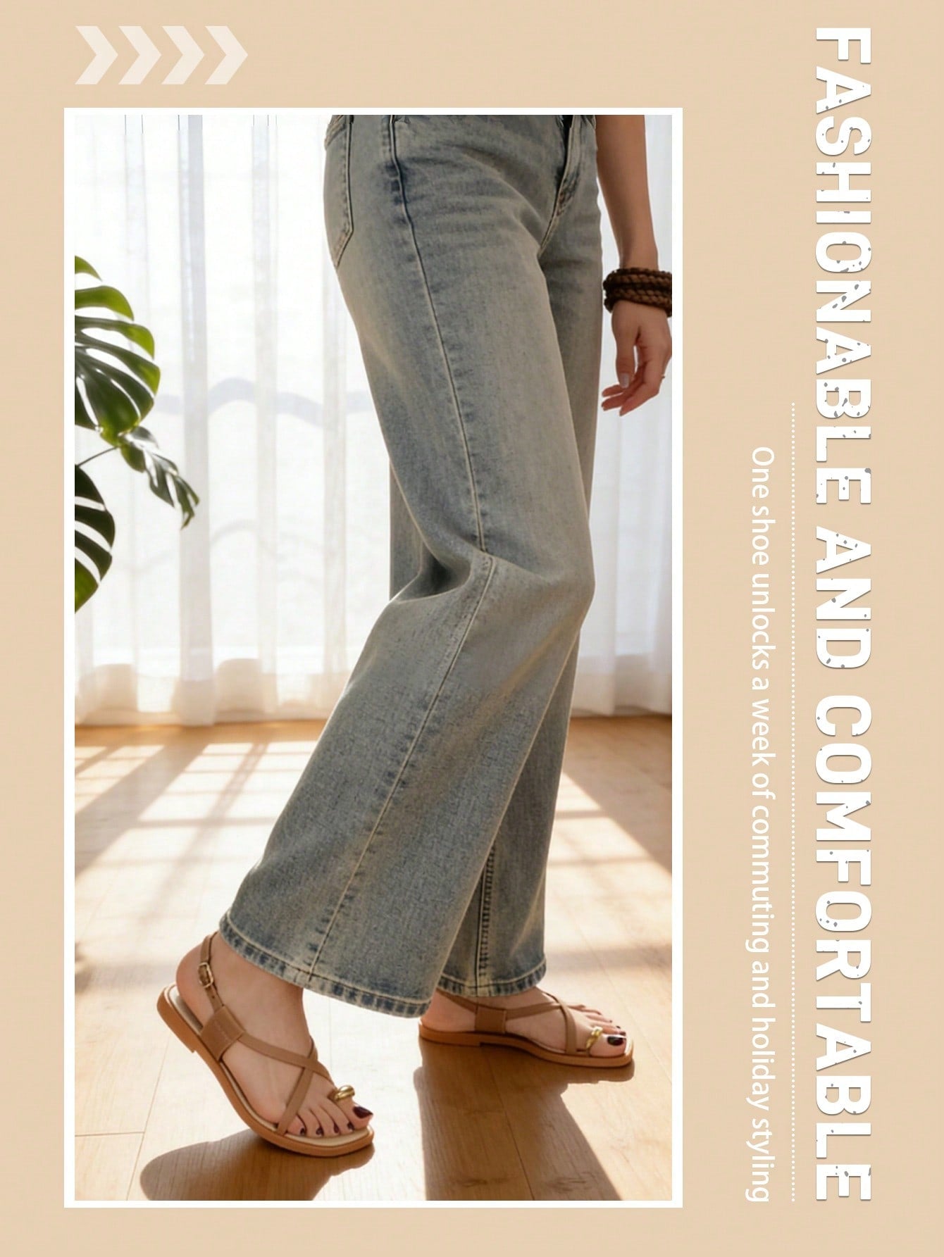 Women's flat toe-post sandals with cross-over straps and buckle detail, elegant outdoor style