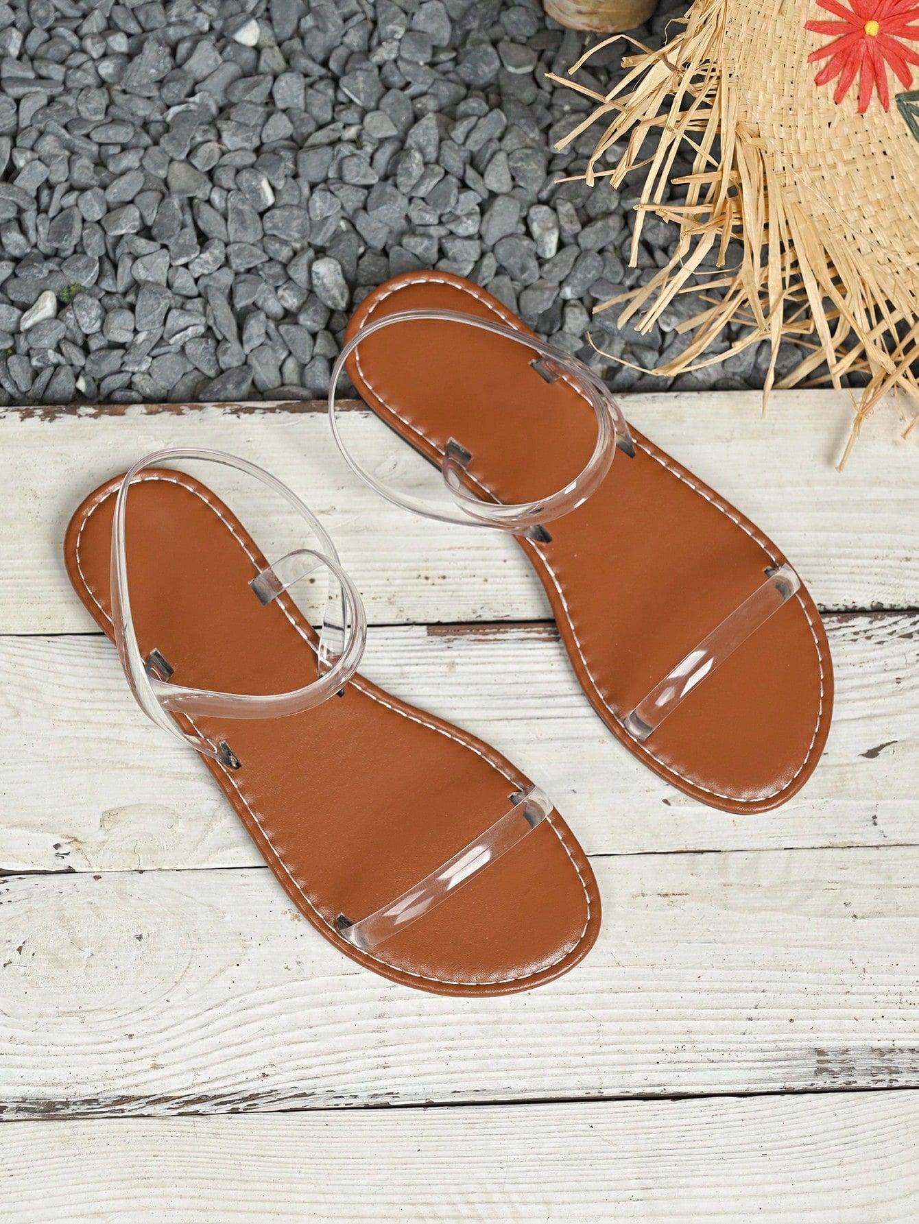 Women's bohemian gladiator sandals with open toe, flat sole, frill detail, and plants pattern, made with PU leather upper and TPR outsole for vacation and casual wear.