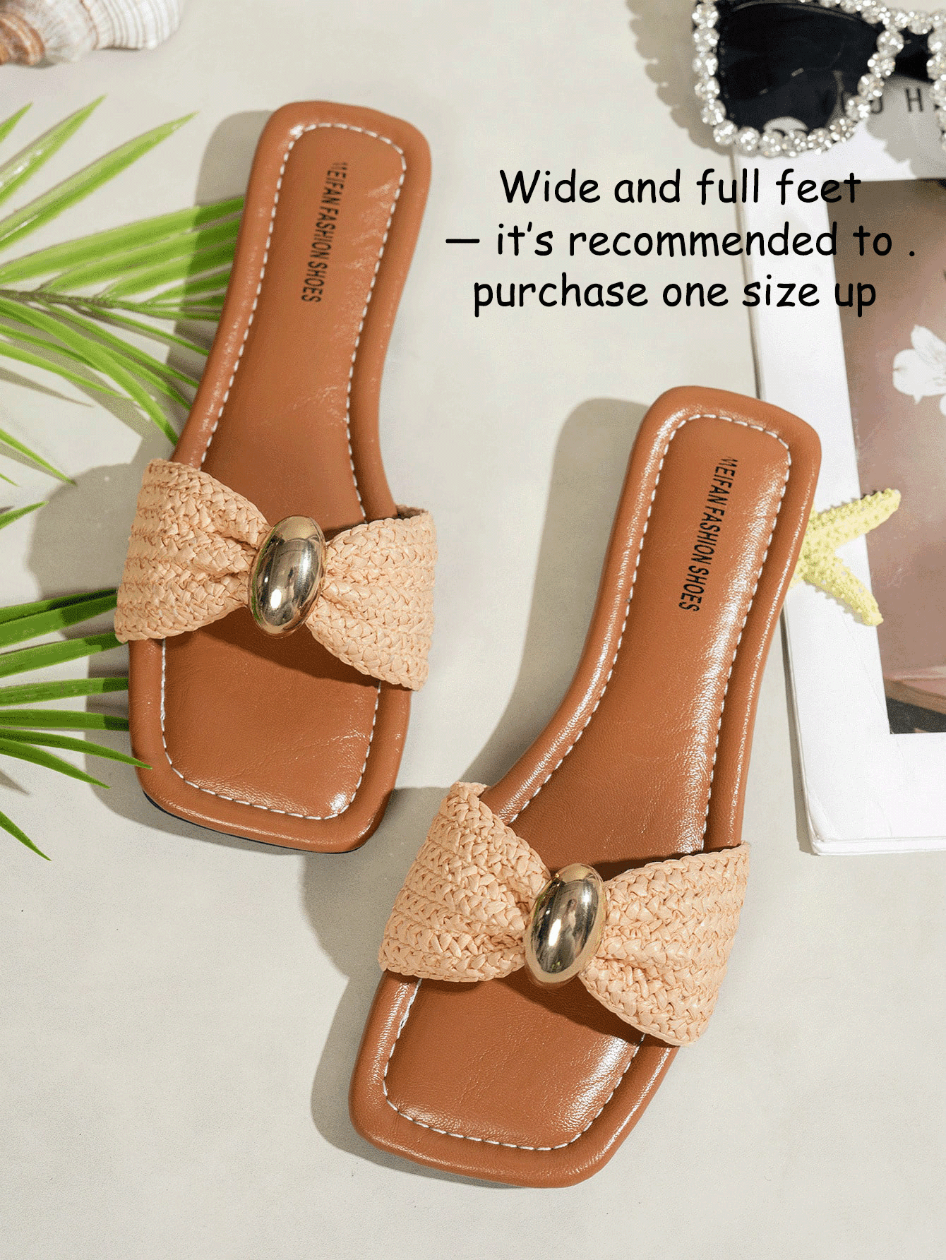 Women's ginger woven flat slide sandals with open toe, bow knot detail, and metal decor in a minimalist beach style.