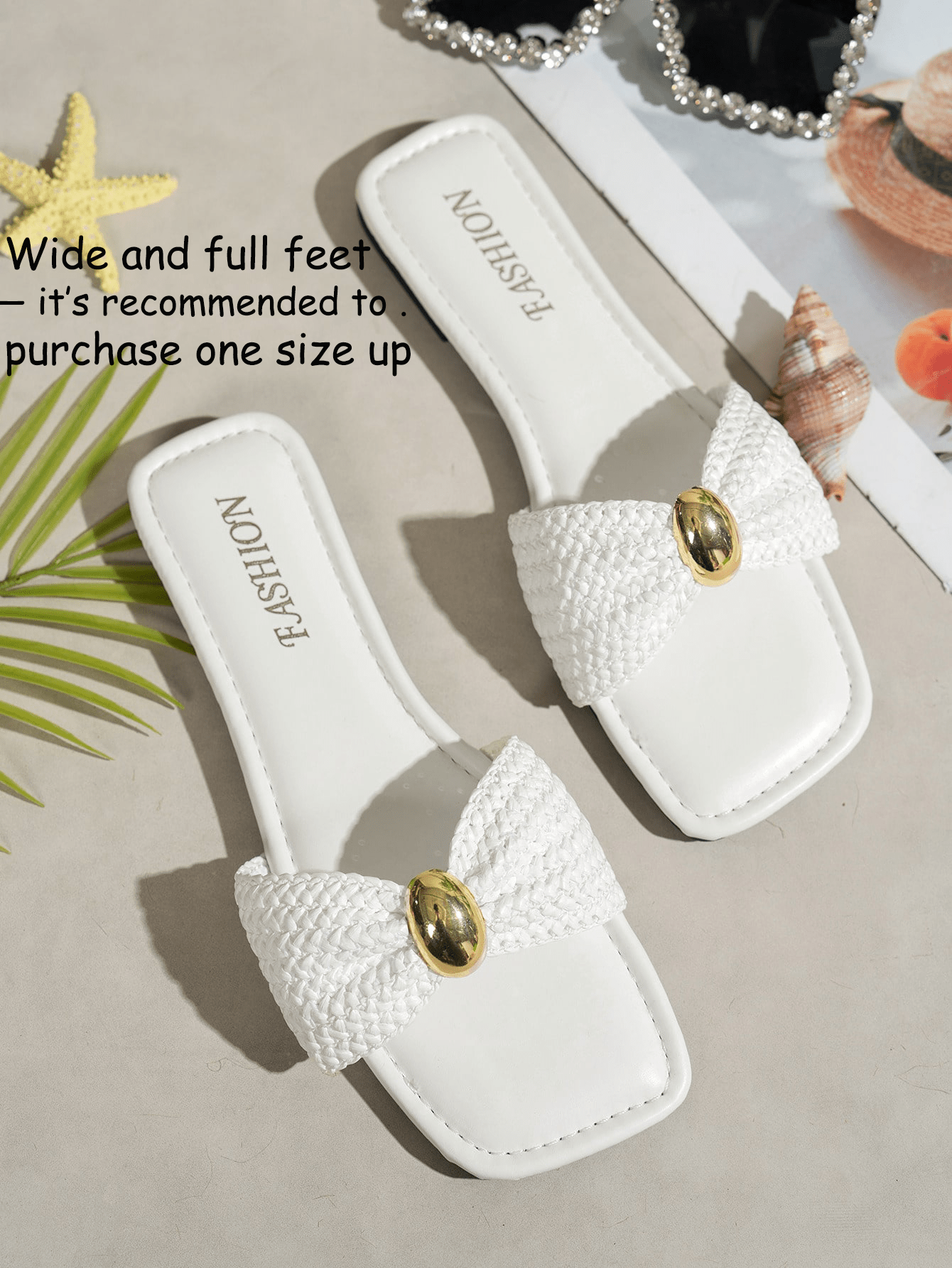 Women's ginger woven flat slide sandals with open toe, bow knot detail, and metal decor in a minimalist beach style.