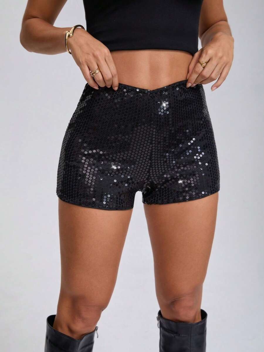 Women's Y2K leopard print sequin ultra short hot pants with elastic waist and shiny party style