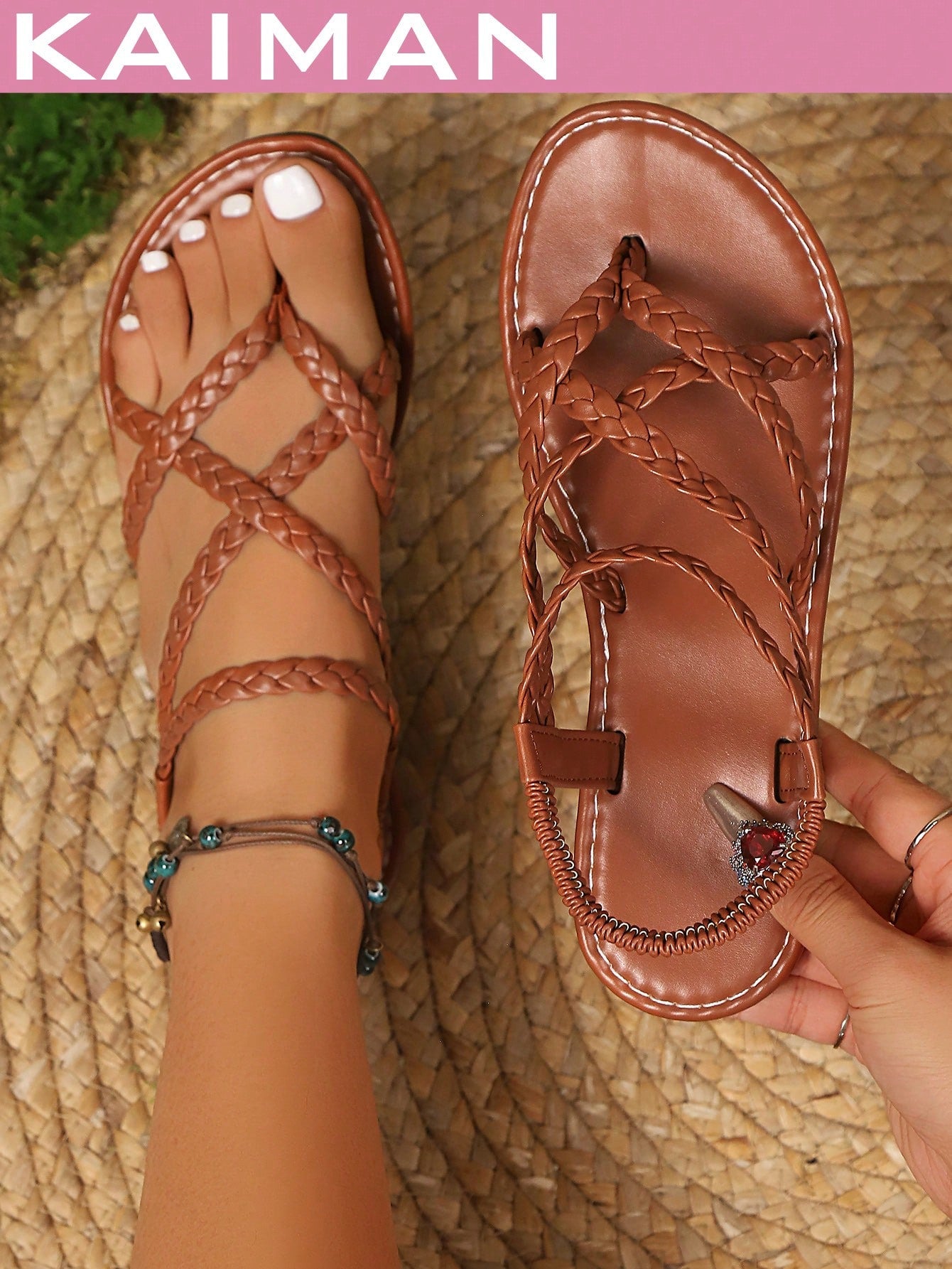 Open-toe flat slide sandals featuring rhinestone leaf decoration in a vacation-inspired style.