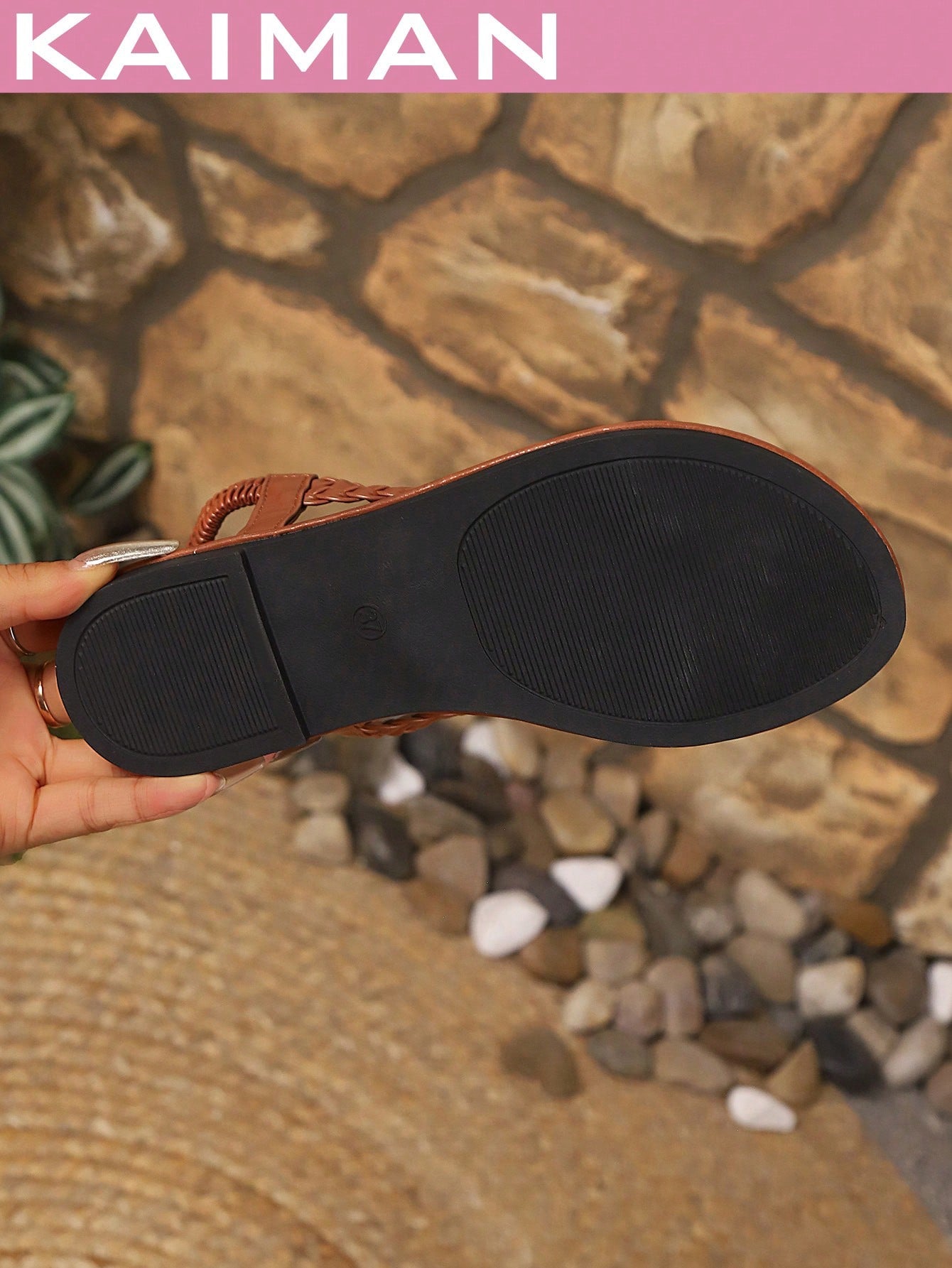 Open-toe flat slide sandals featuring rhinestone leaf decoration in a vacation-inspired style.
