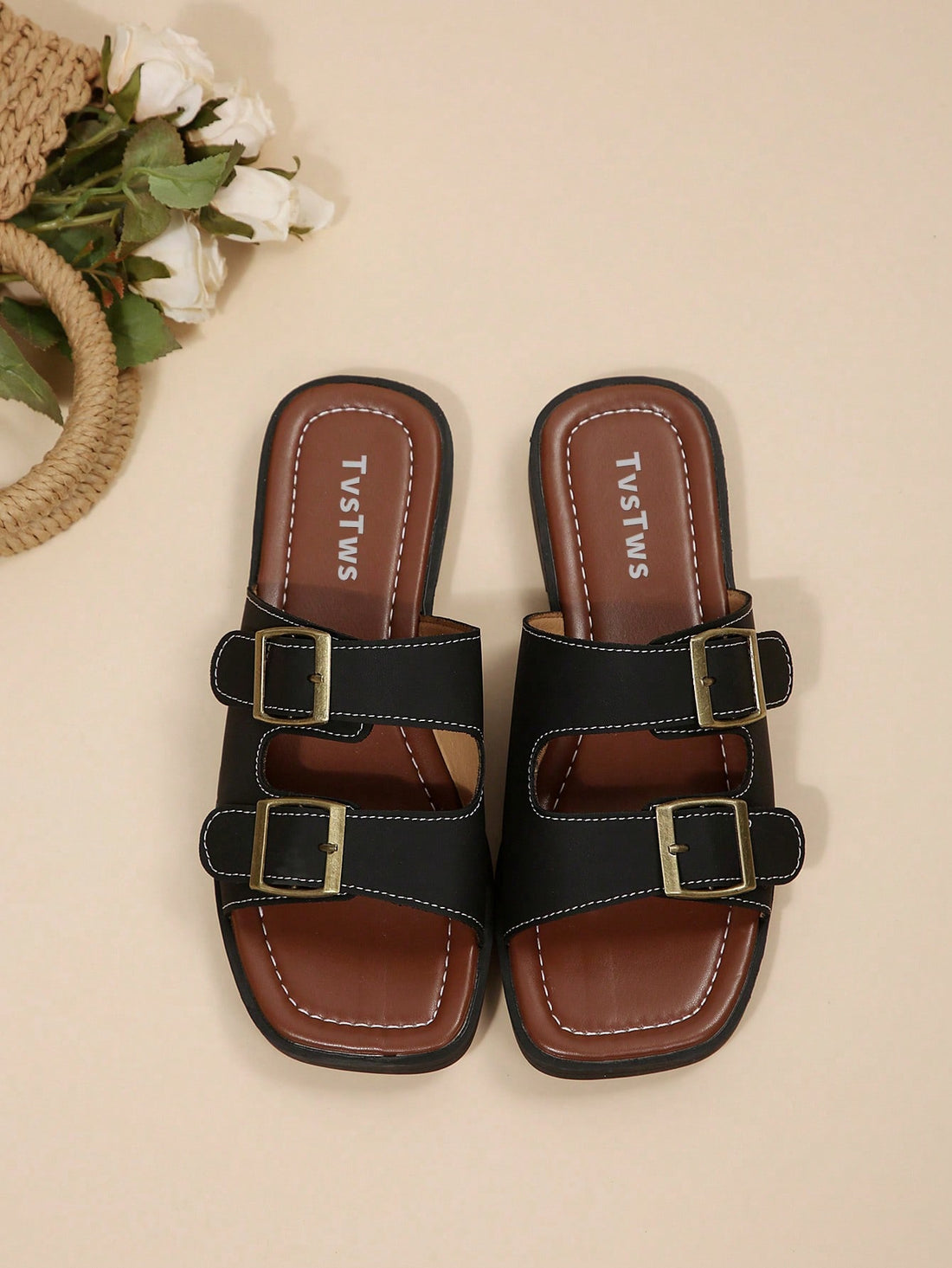 Women's retro casual flat slide sandals with double buckle straps and an open-toe design.