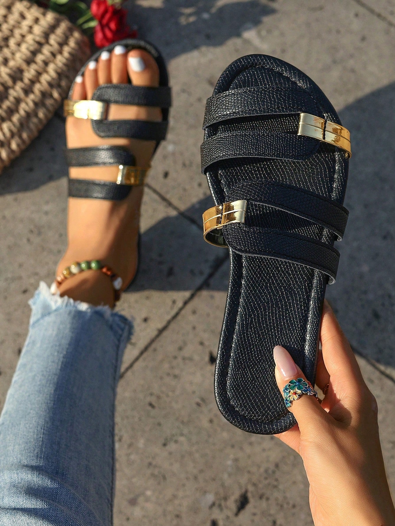 Women's yellow open-toe flat slide sandals featuring a cut-out design and textured plain pattern for casual beach and daily wear.