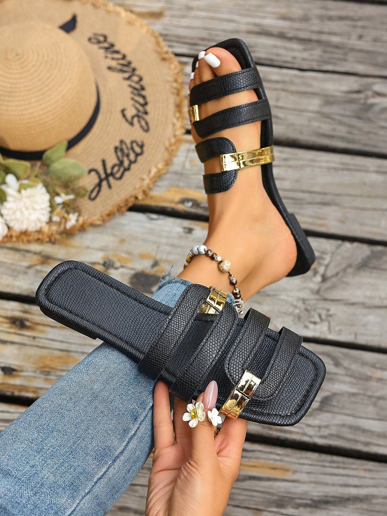 Women's yellow open-toe flat slide sandals featuring a cut-out design and textured plain pattern for casual beach and daily wear.