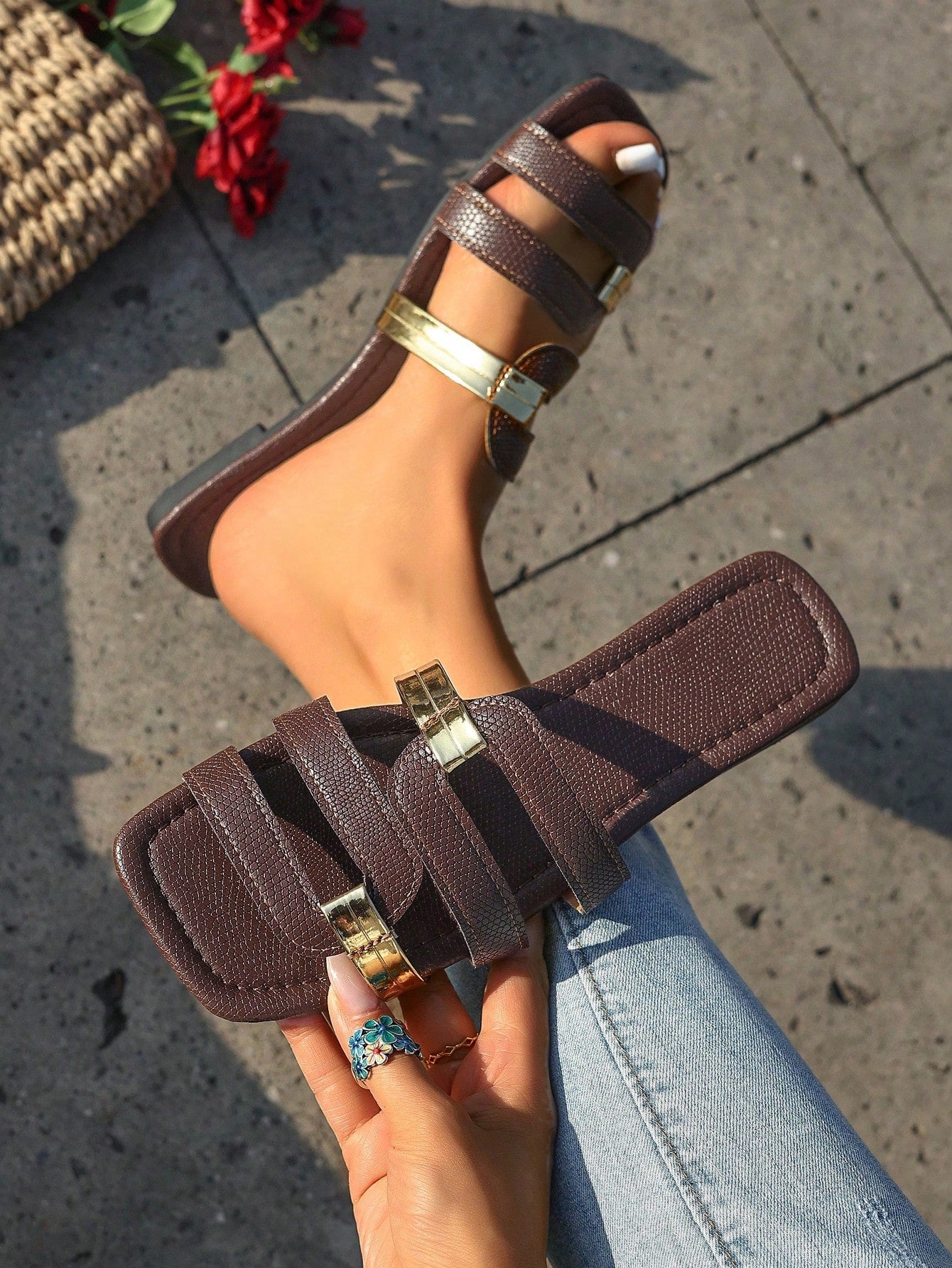 Women's yellow open-toe flat slide sandals featuring a cut-out design and textured plain pattern for casual beach and daily wear.