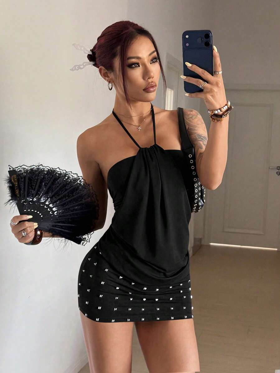 Women's brown beaded halter mini dress with a backless tie-back knot design, sleeveless slim fit silhouette, and pencil hem.
