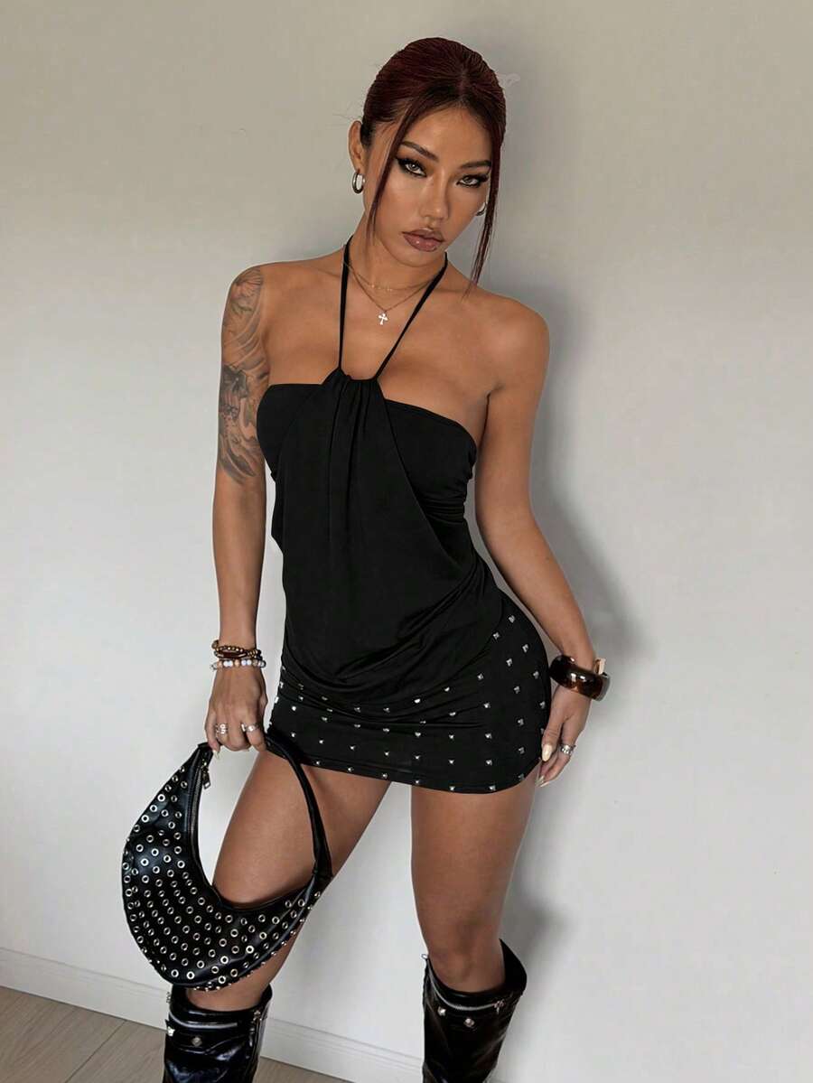 Women's brown beaded halter mini dress with a backless tie-back knot design, sleeveless slim fit silhouette, and pencil hem.