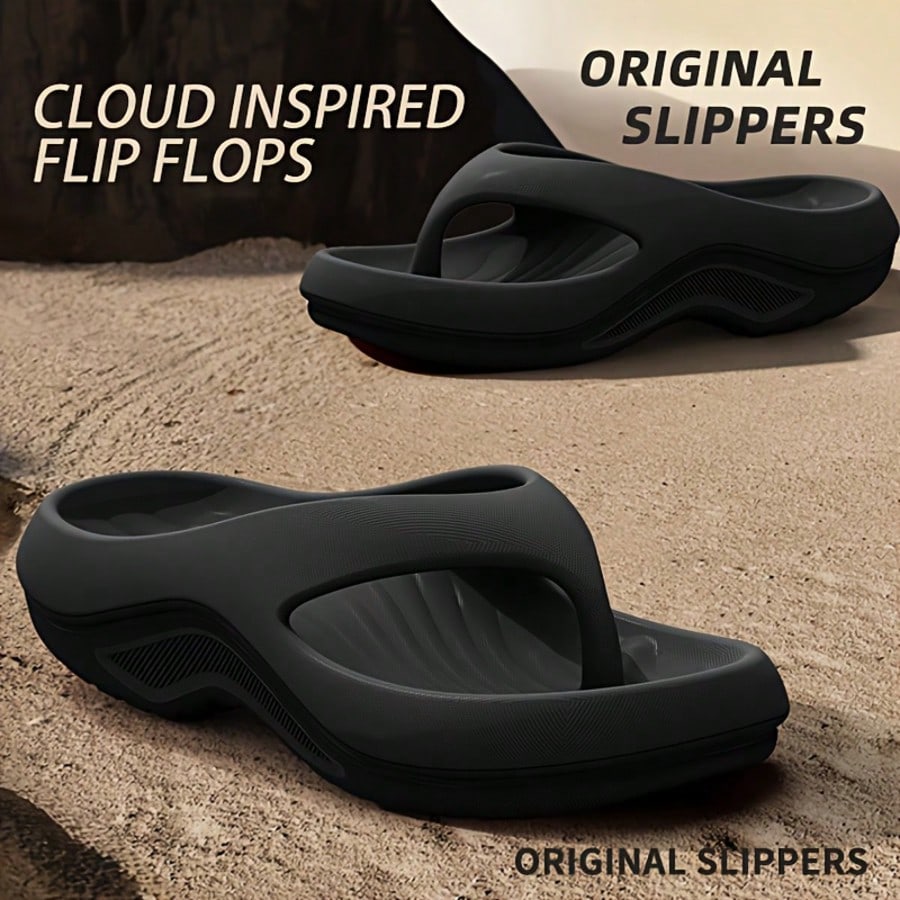 Pair of ultra-soft cloud flip flops with arch support, toe-post thong design, flat sole, and textured plain upper for beach, indoor, and outdoor use.