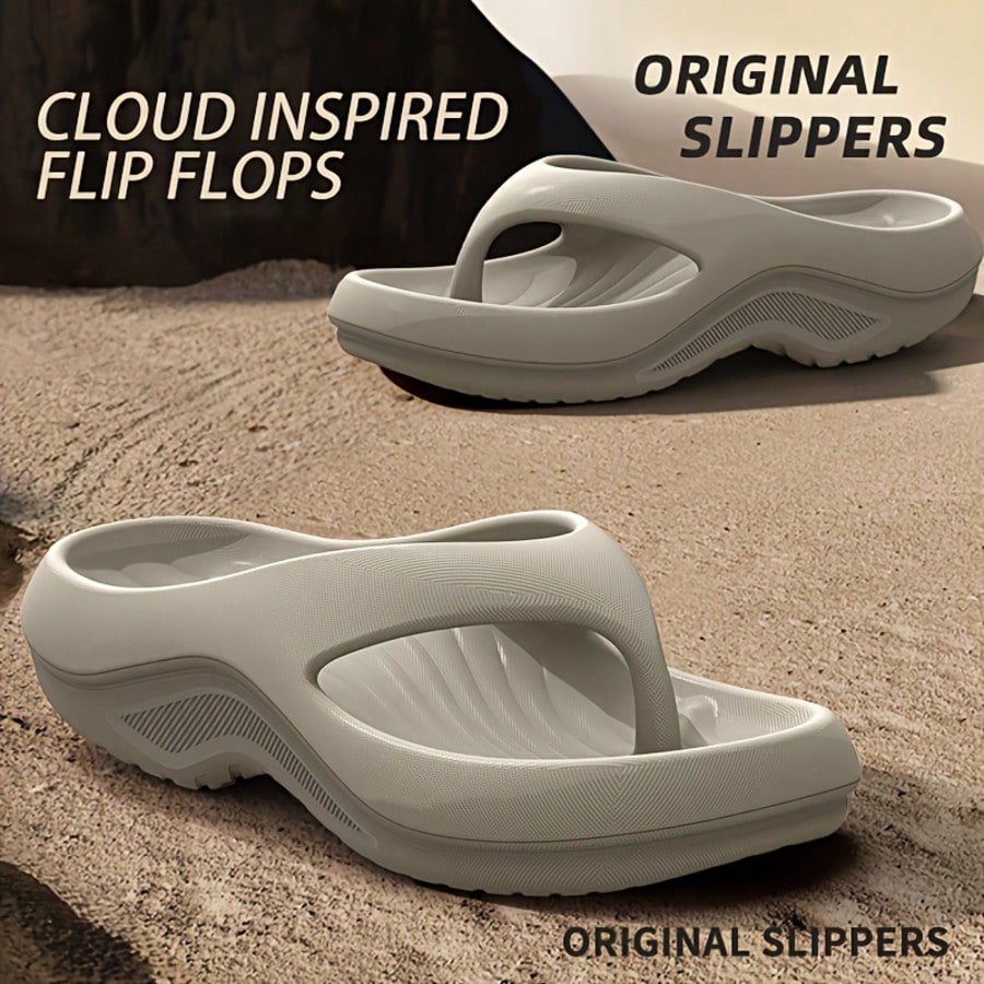 Pair of ultra-soft cloud flip flops with arch support, toe-post thong design, flat sole, and textured plain upper for beach, indoor, and outdoor use.