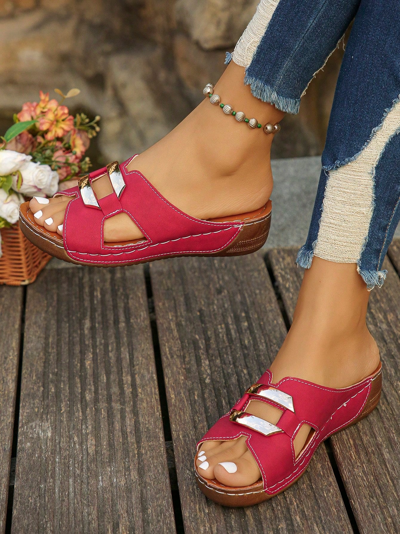 Women’s open toe wedge slide sandals with metal buckle detail and thick low wedge sole, lightweight slip-on style for daily wear, beach, and holiday use.