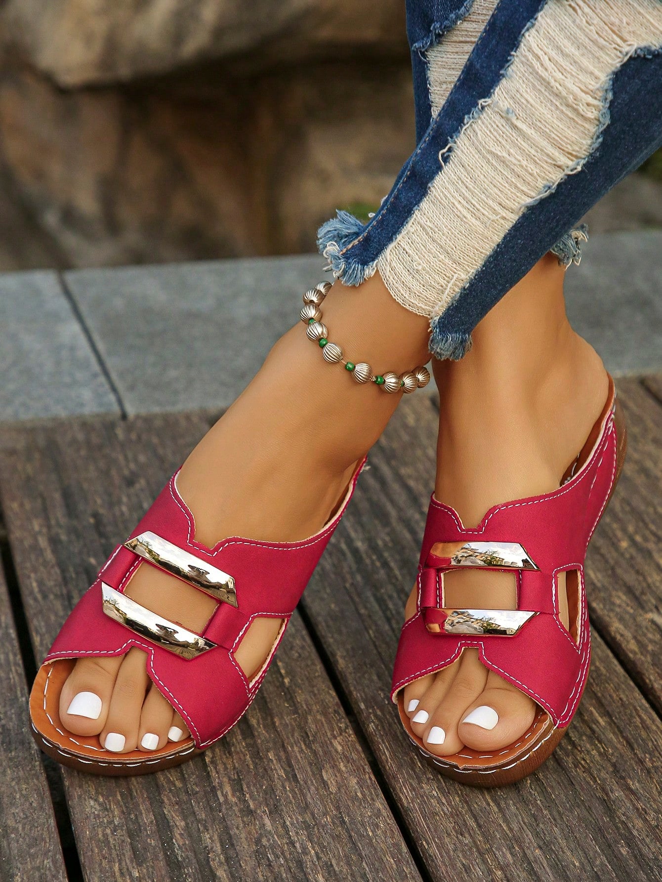 Women’s open toe wedge slide sandals with metal buckle detail and thick low wedge sole, lightweight slip-on style for daily wear, beach, and holiday use.