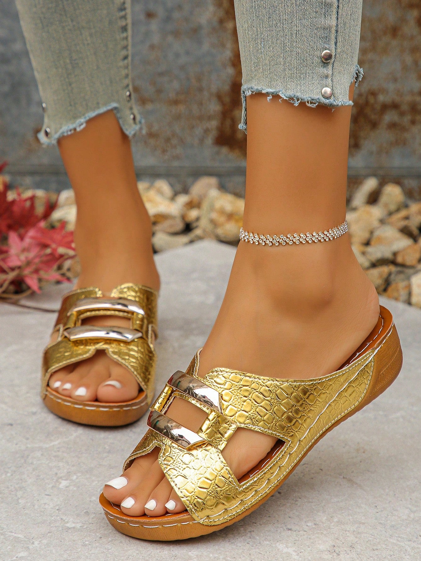 Women’s open toe wedge slide sandals with metal buckle detail and thick low wedge sole, lightweight slip-on style for daily wear, beach, and holiday use.