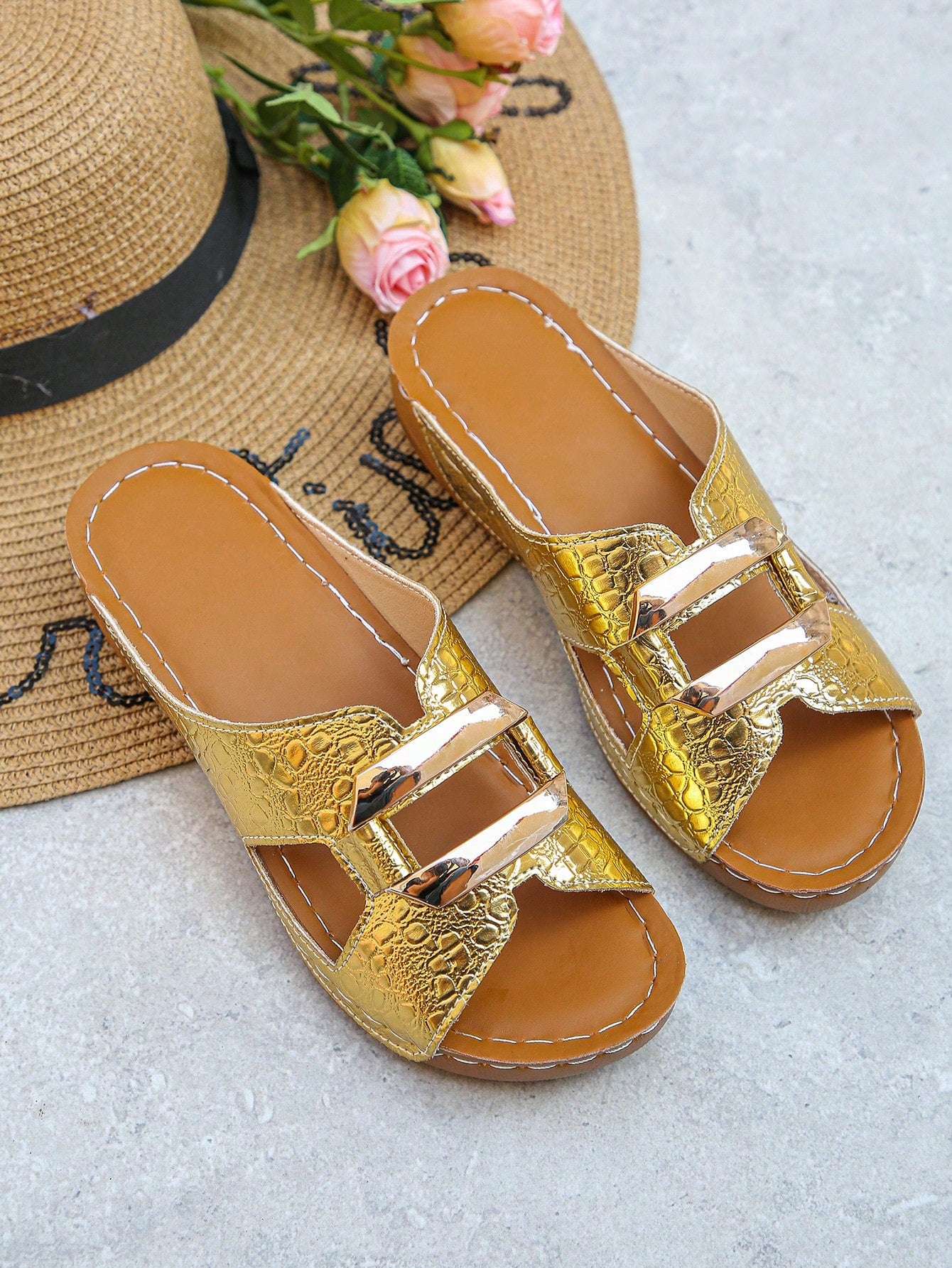 Women’s open toe wedge slide sandals with metal buckle detail and thick low wedge sole, lightweight slip-on style for daily wear, beach, and holiday use.