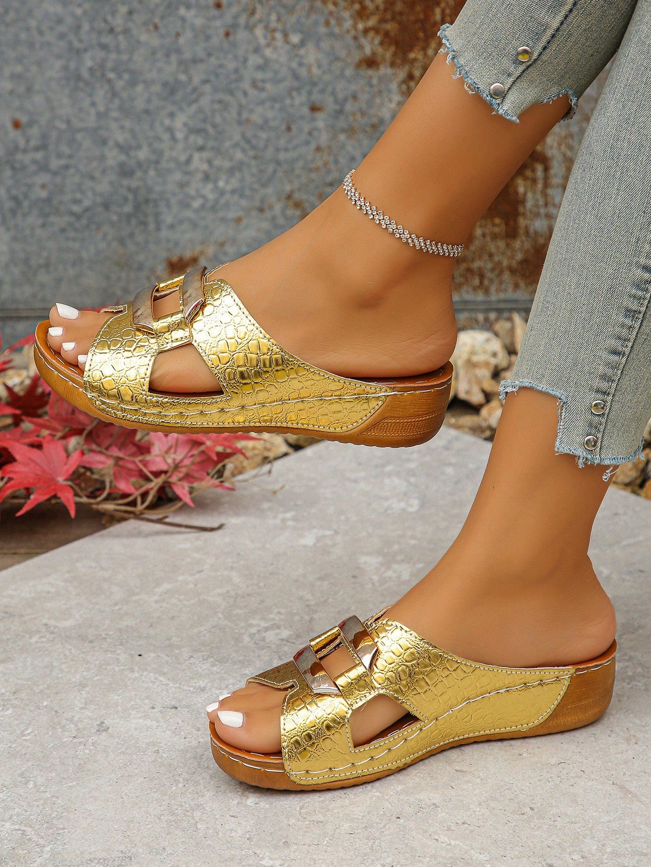 Women’s open toe wedge slide sandals with metal buckle detail and thick low wedge sole, lightweight slip-on style for daily wear, beach, and holiday use.