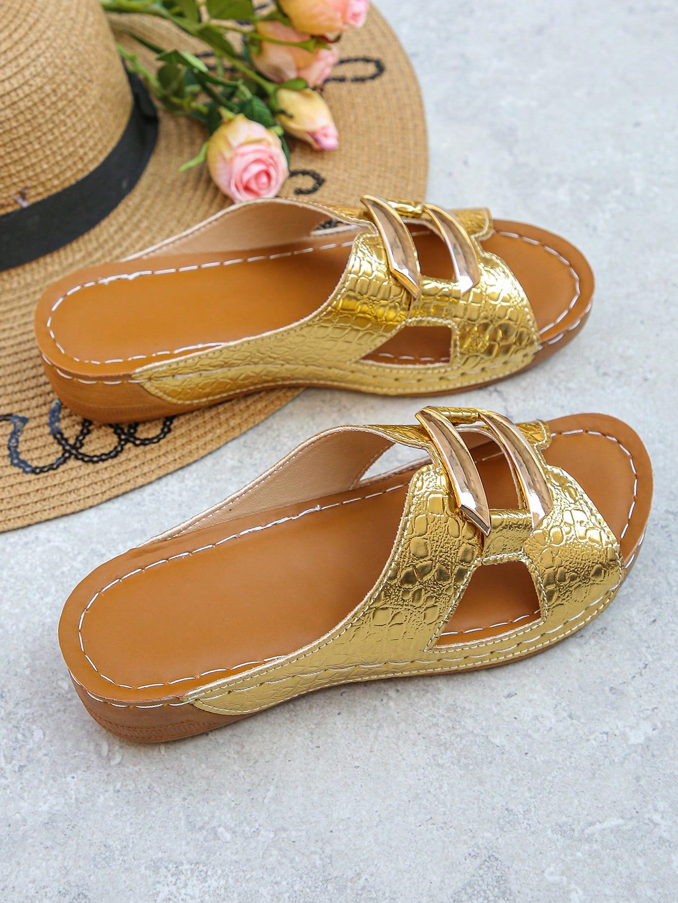 Women’s open toe wedge slide sandals with metal buckle detail and thick low wedge sole, lightweight slip-on style for daily wear, beach, and holiday use.