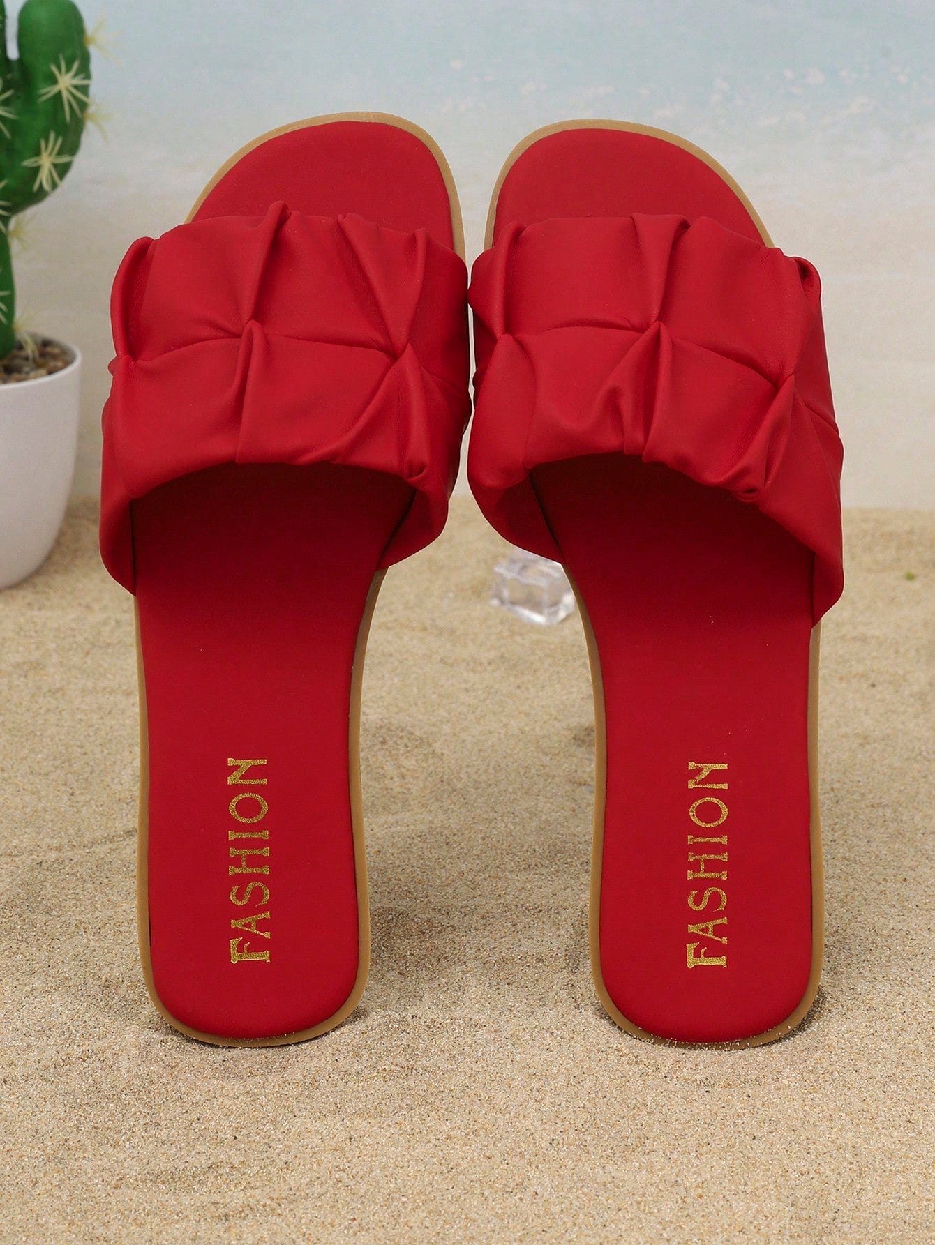 Women's open-toe flat slide sandals with pleated ruffle-edge detail and colorblock design, featuring a soft PU leather footbed and non-slip outsole for beach and casual outdoor wear.