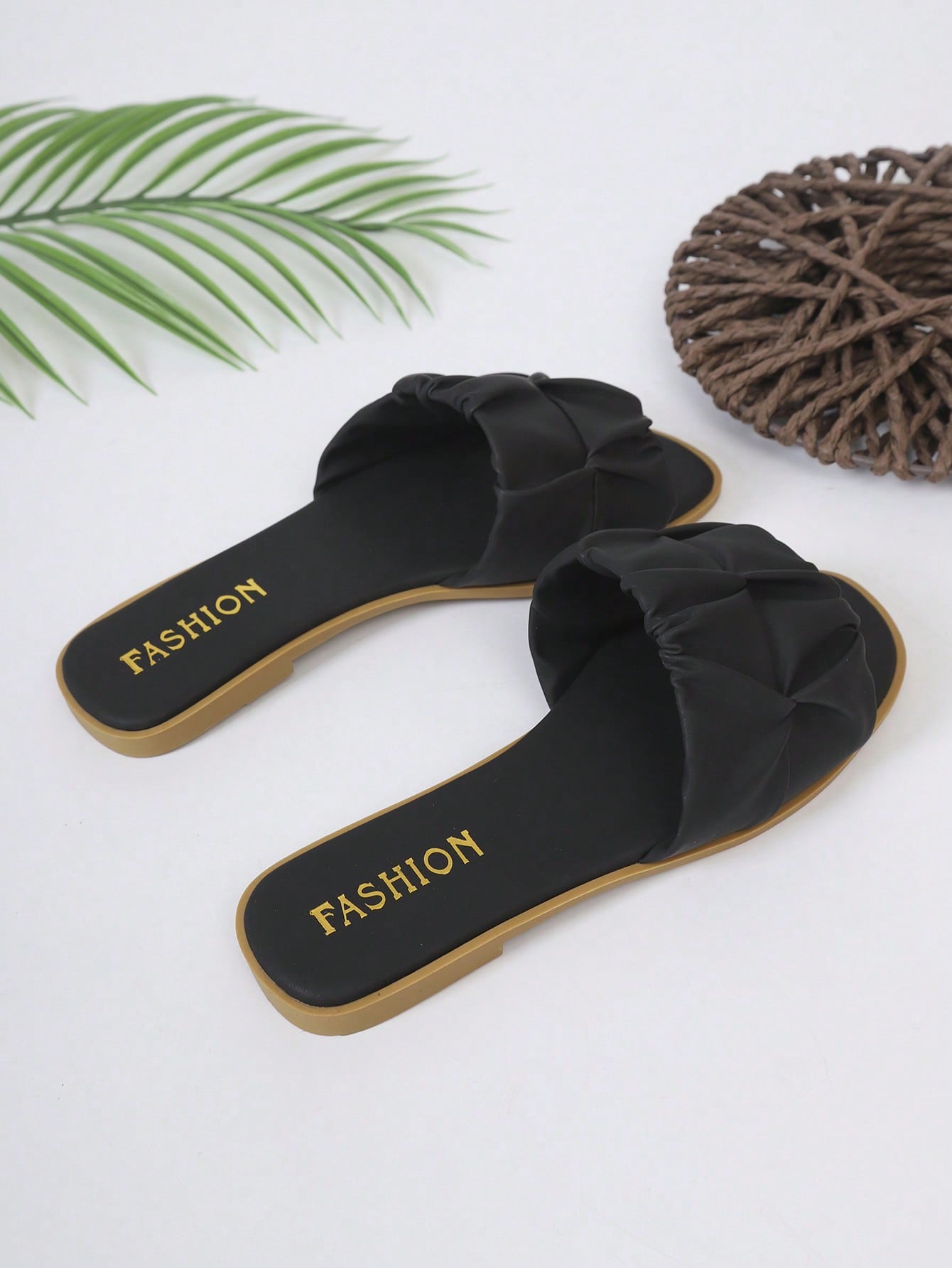 Women's open-toe flat slide sandals with pleated ruffle-edge detail and colorblock design, featuring a soft PU leather footbed and non-slip outsole for beach and casual outdoor wear.