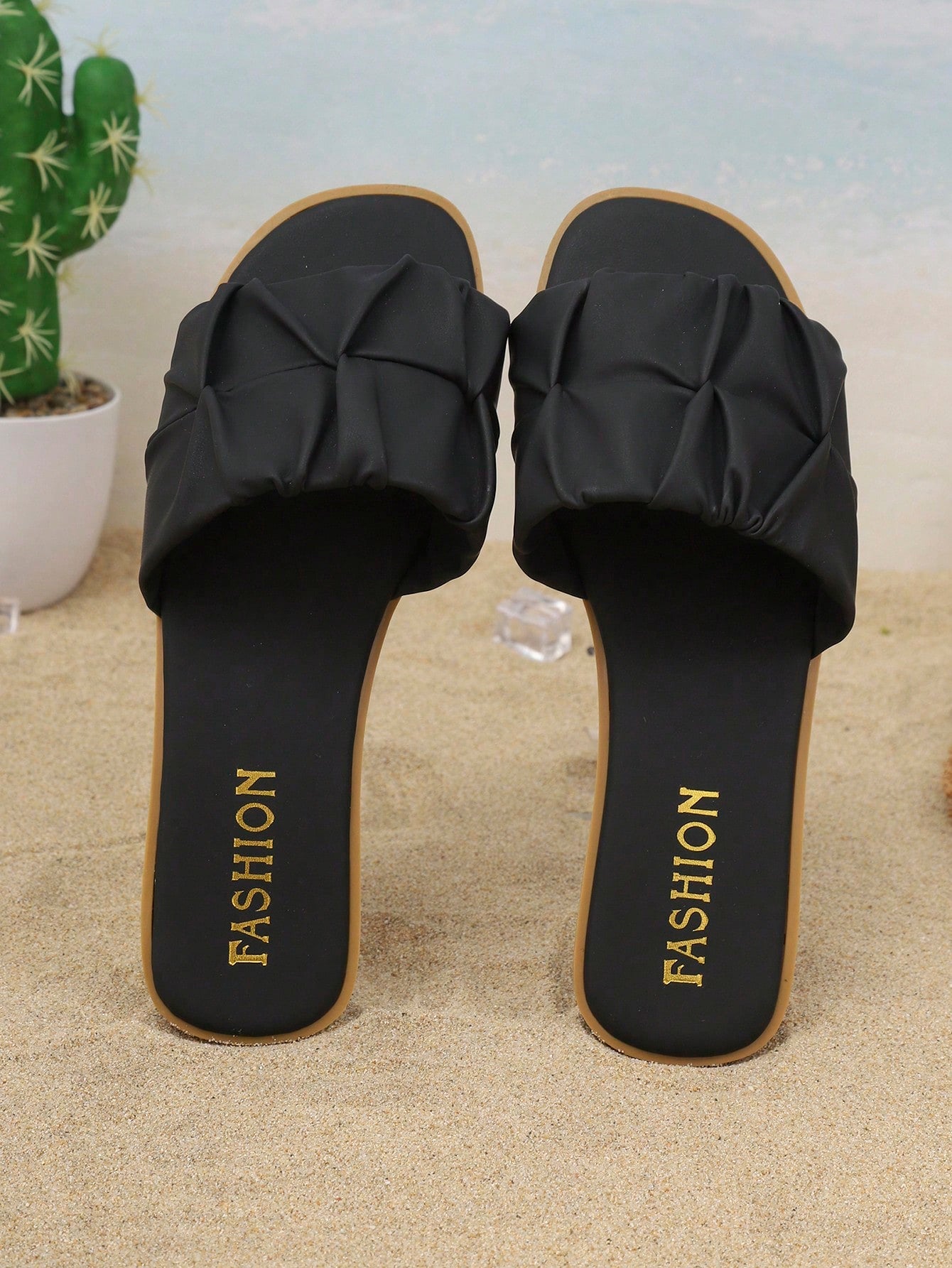 Women's open-toe flat slide sandals with pleated ruffle-edge detail and colorblock design, featuring a soft PU leather footbed and non-slip outsole for beach and casual outdoor wear.
