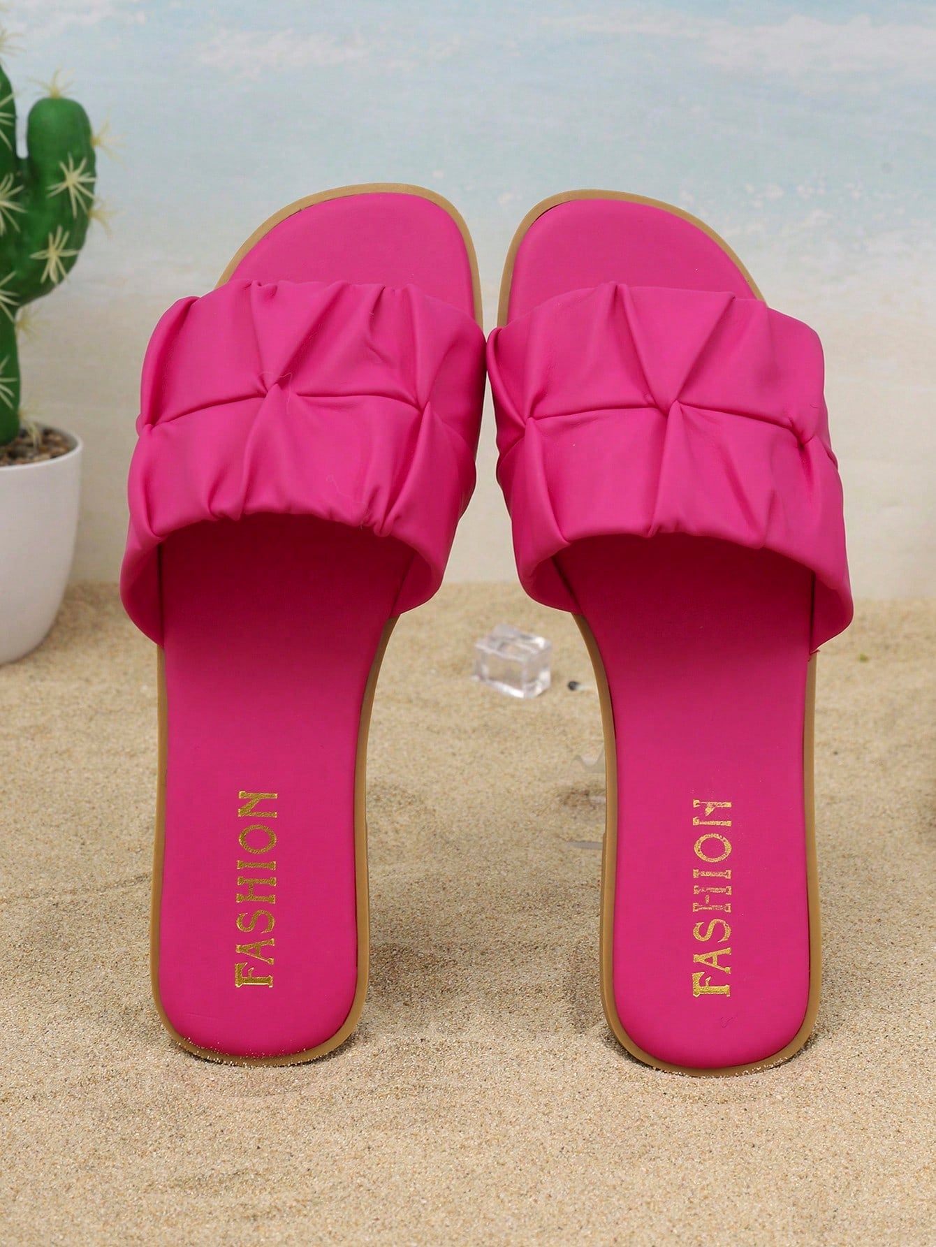 Women's open-toe flat slide sandals with pleated ruffle-edge detail and colorblock design, featuring a soft PU leather footbed and non-slip outsole for beach and casual outdoor wear.