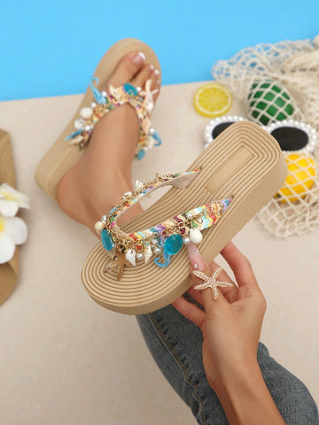Women's slip-on platform wedge slide sandals with toe post, shell chain decoration, and plant pattern, suitable for outdoor vacation and beach resort wear.