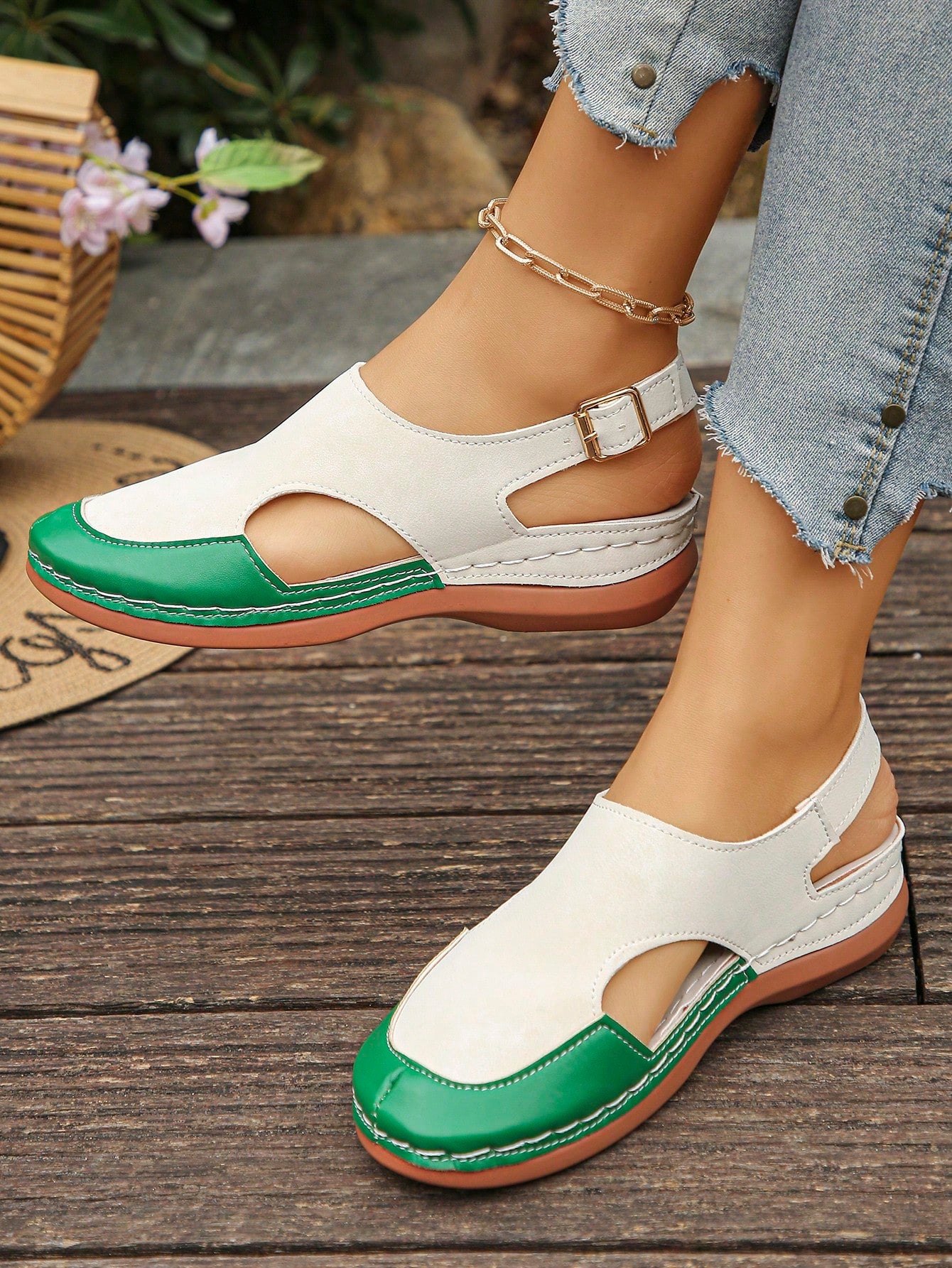 Women's bohemian wedge slide sandals with open toe, low wedge heel, slip-on design, and metal detail, available in plus sizes 36-43.
