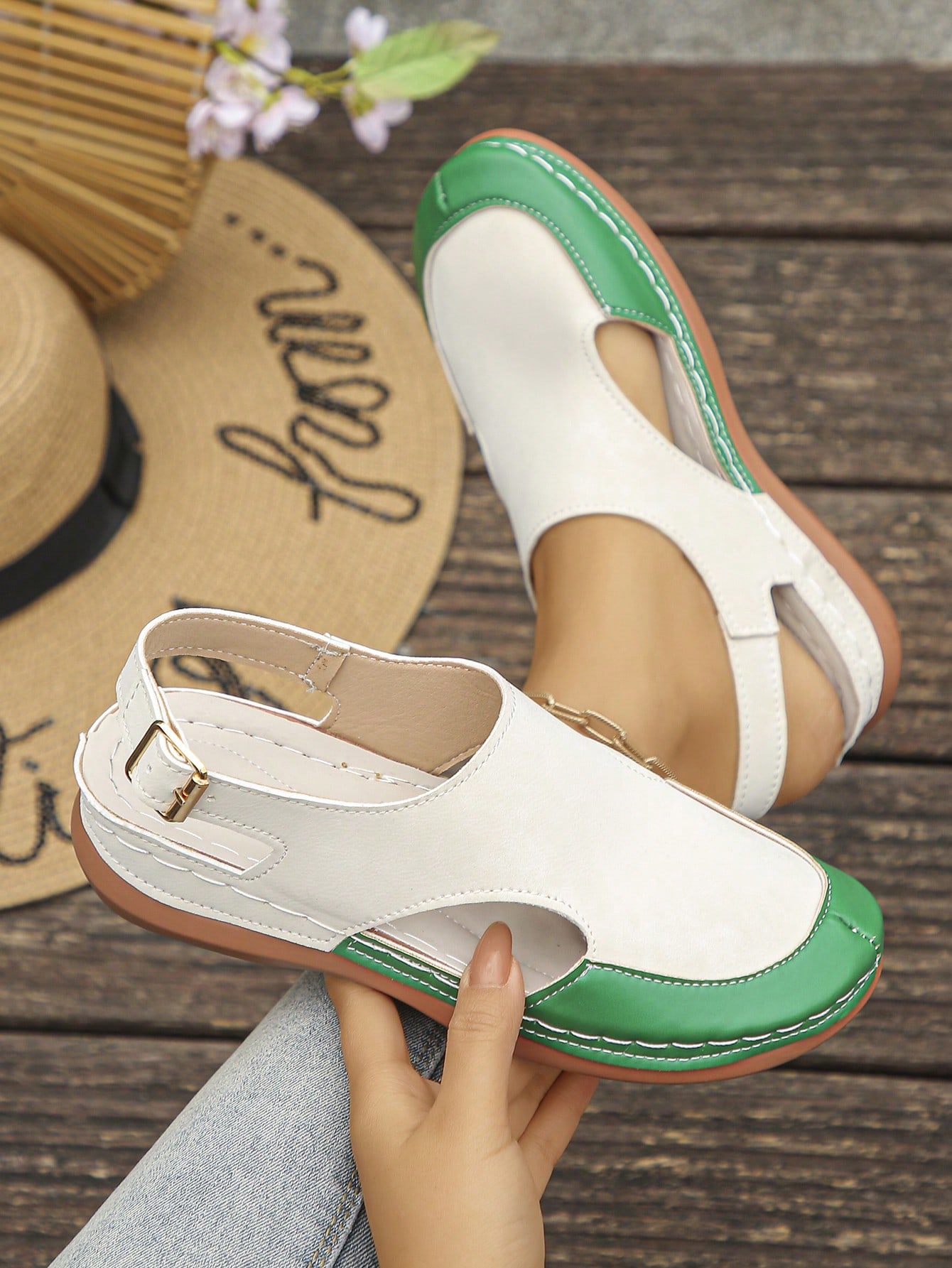 Women's bohemian wedge slide sandals with open toe, low wedge heel, slip-on design, and metal detail, available in plus sizes 36-43.