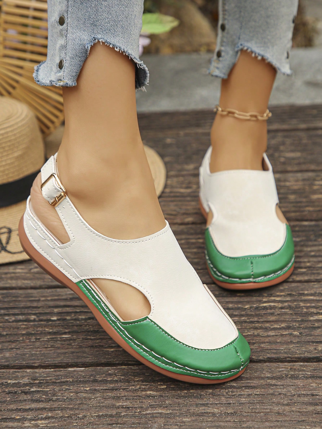 Women's bohemian wedge slide sandals with open toe, low wedge heel, slip-on design, and metal detail, available in plus sizes 36-43.