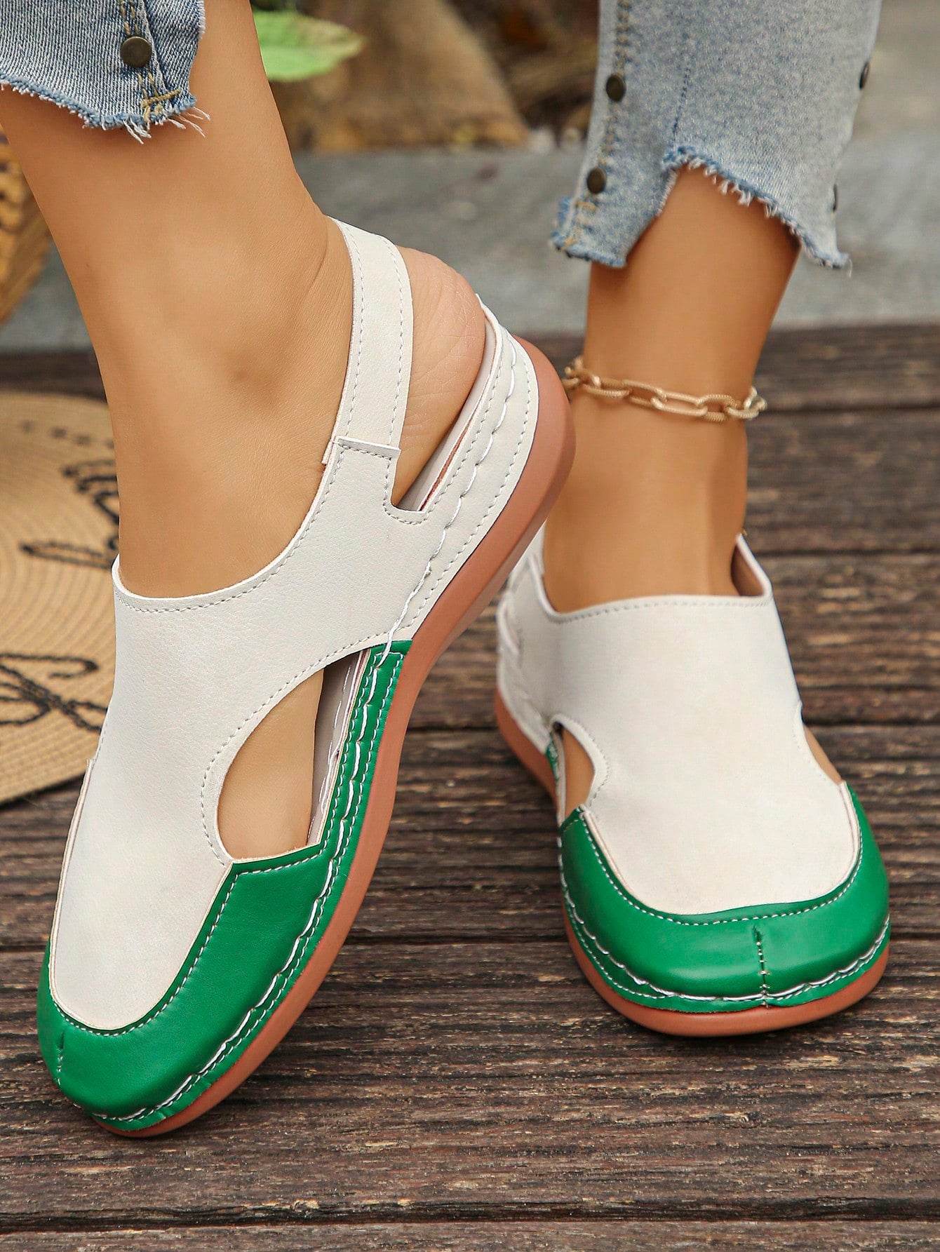 Women's bohemian wedge slide sandals with open toe, low wedge heel, slip-on design, and metal detail, available in plus sizes 36-43.
