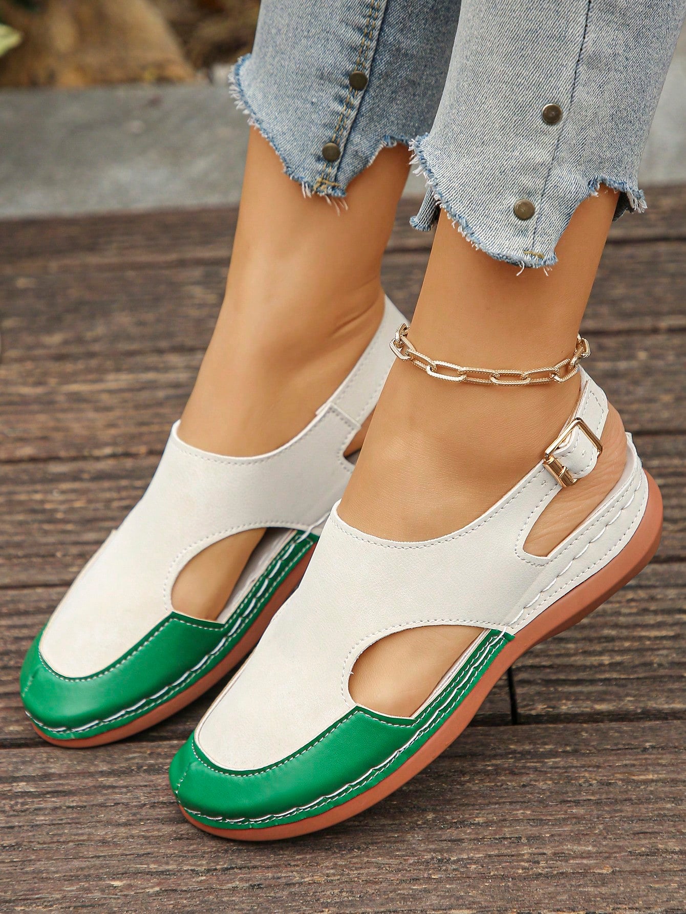 Women's bohemian wedge slide sandals with open toe, low wedge heel, slip-on design, and metal detail, available in plus sizes 36-43.