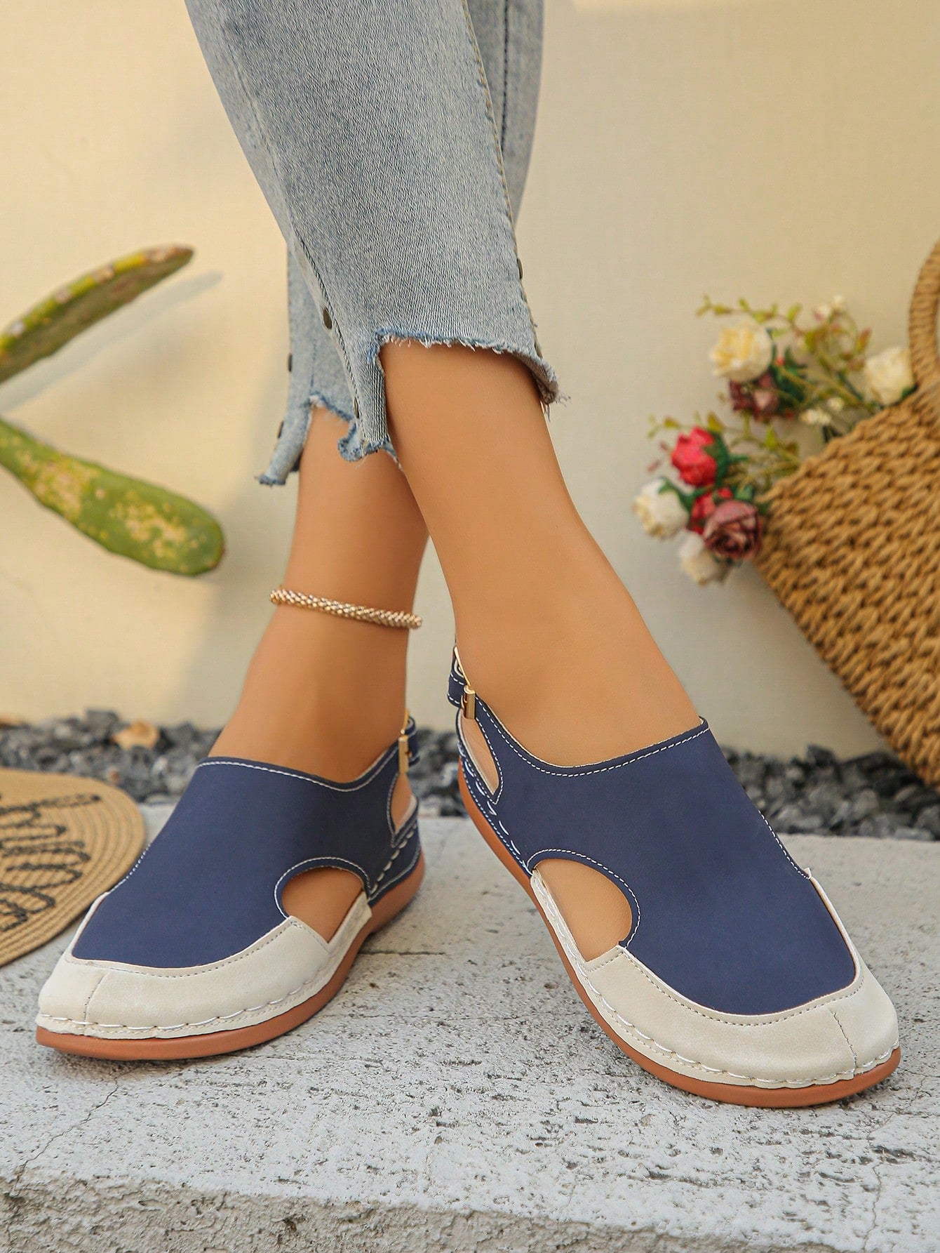 Women's bohemian wedge slide sandals with open toe, low wedge heel, slip-on design, and metal detail, available in plus sizes 36-43.