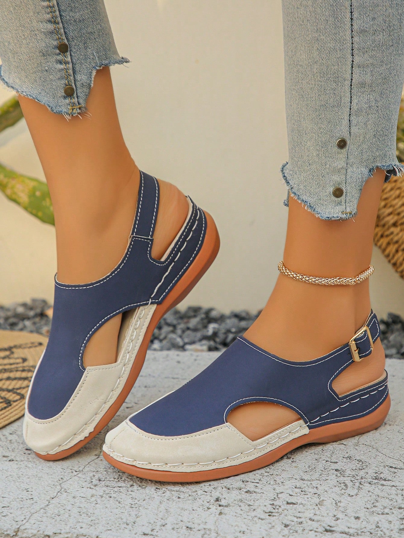 Women's bohemian wedge slide sandals with open toe, low wedge heel, slip-on design, and metal detail, available in plus sizes 36-43.