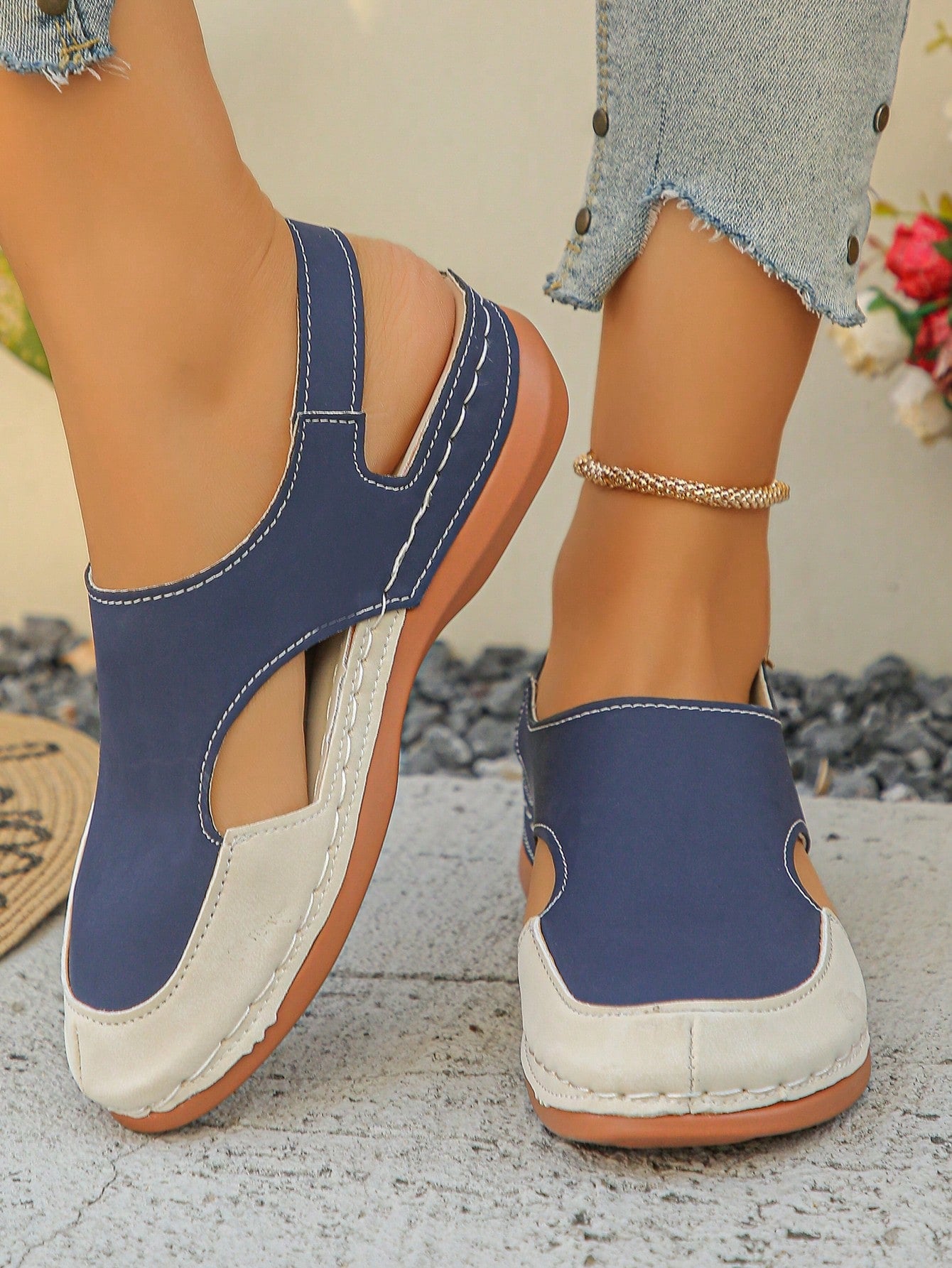 Women's bohemian wedge slide sandals with open toe, low wedge heel, slip-on design, and metal detail, available in plus sizes 36-43.